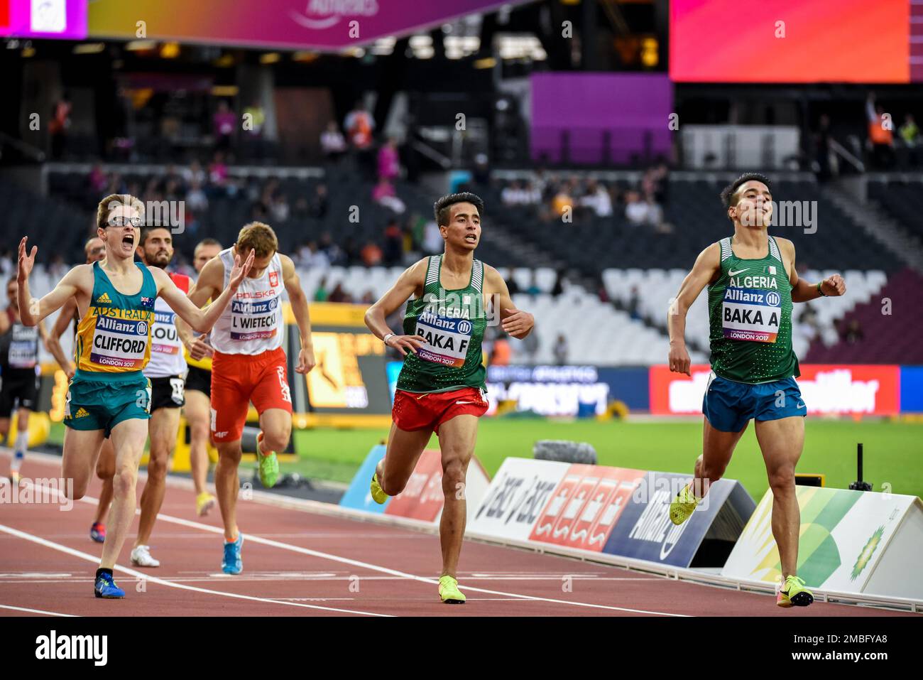 Fouad Baka und Abdellatif Baka schließen bei den Para Athletics World Championships 2017 im Olympiastadion in London ab. 1500m T13. Algerisch Stockfoto