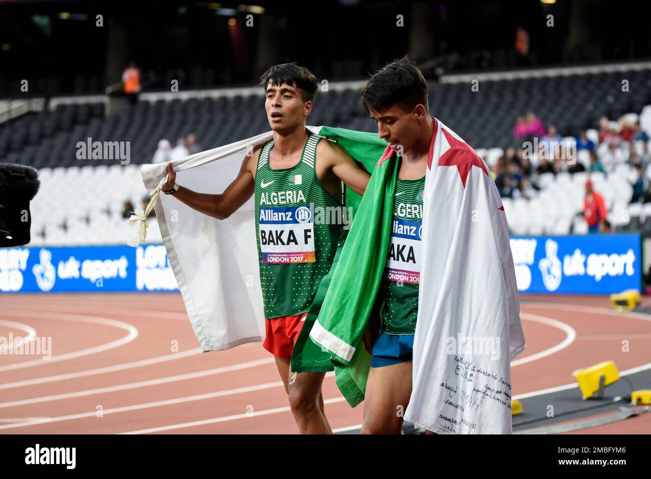 Fouad Baka und Abdellatif Baka, Medaillengewinner bei den Para Athletics World Championships 2017 im Londoner Stadion. 1500m T13. Algerische Brüder Stockfoto