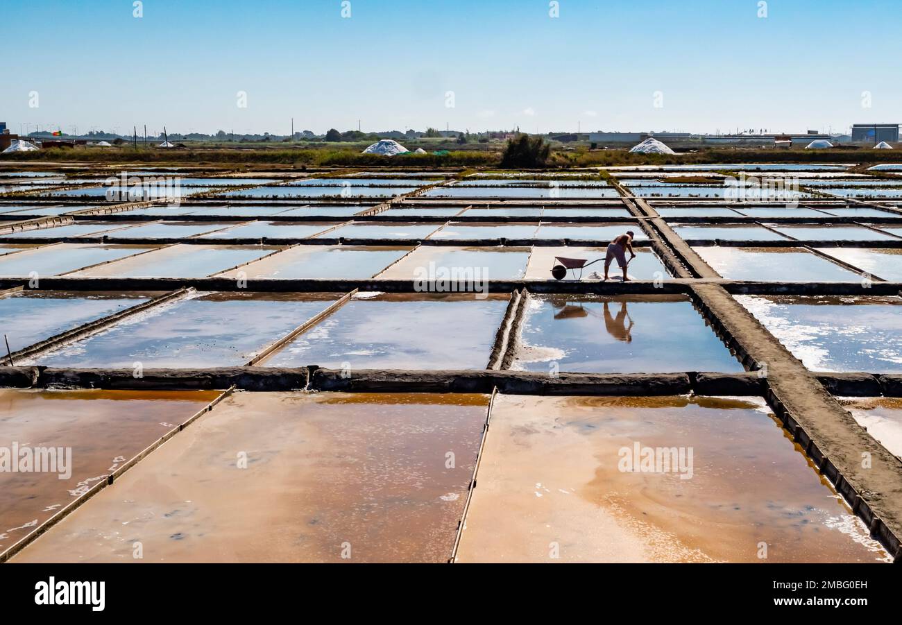 Farbige Teiche eines traditionellen Salzgewinnungslagers mit Silhouette eines Arbeiters, Aveiro, Portugal Stockfoto