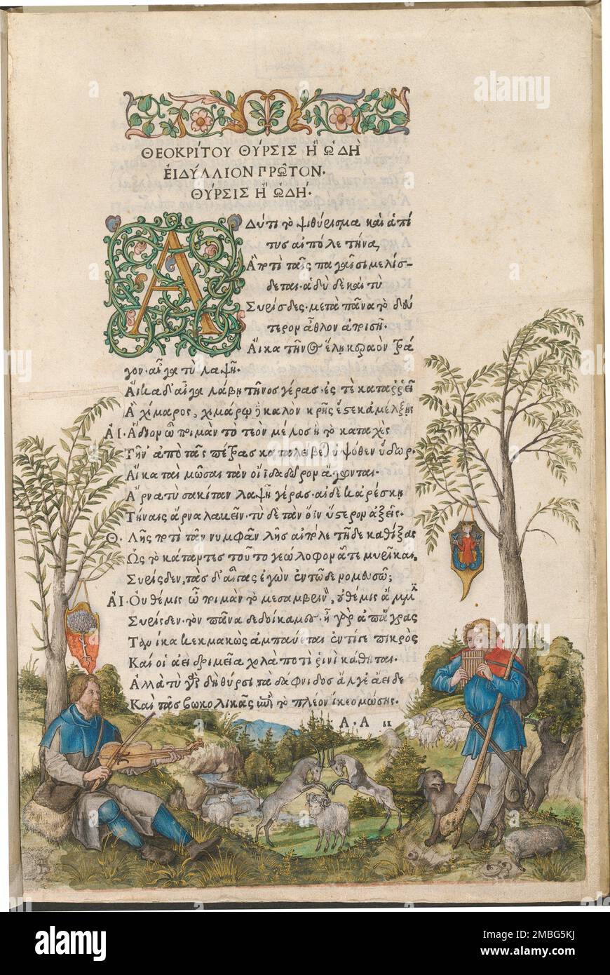 Eine Pastorallandschaft mit Hirten, die Viola und Panpipes spielen, 1496/1497. Stockfoto