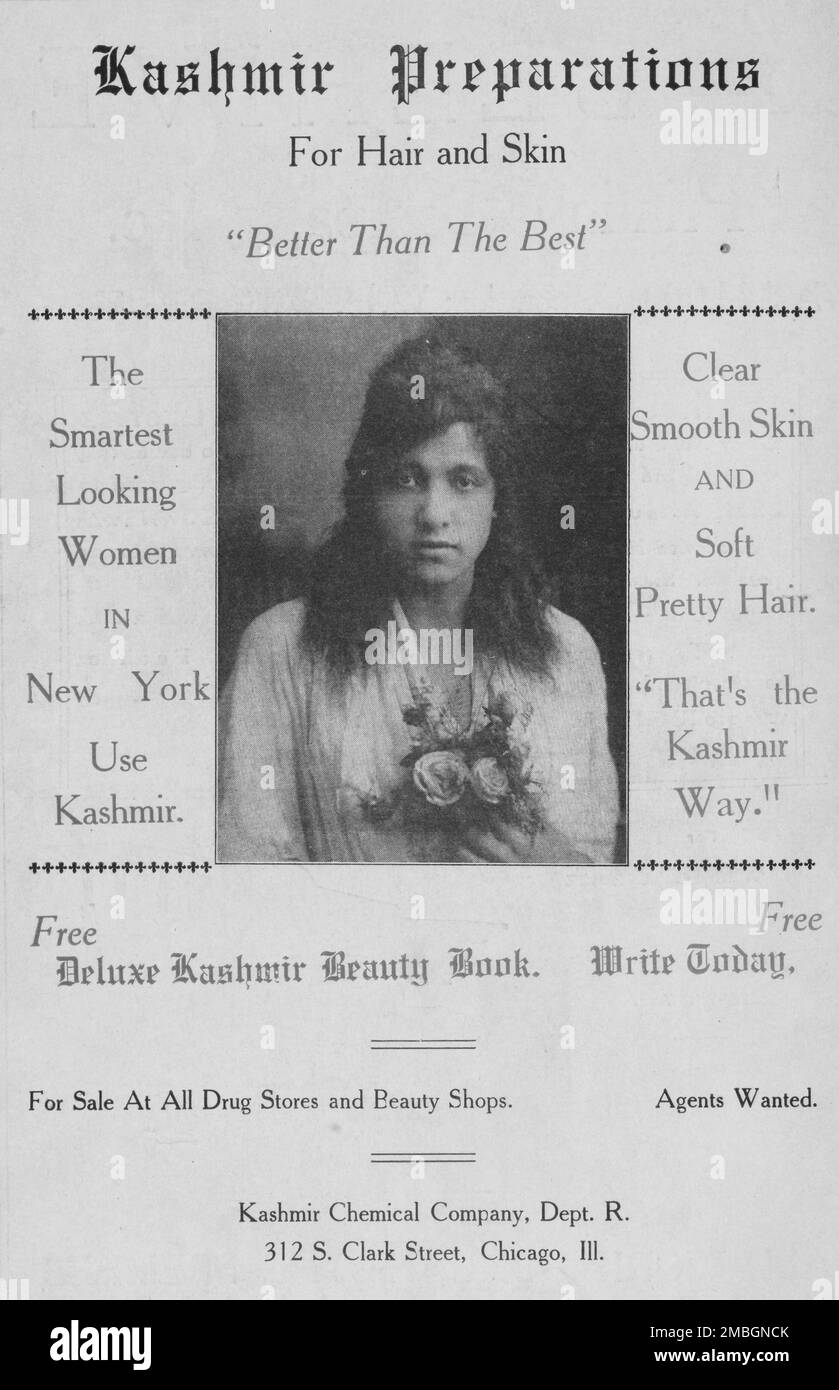 Kaschmir-Präparate für Haare und Haut; Kashmir Chemical Company, Abt. R.; 312 S. Clark Street, Chicago, Illinois, 1918-1922. Stockfoto Kaschmir-Präparate für Haare und Haut; Kashmir Chemical Company, Abt. R.; 312 S. Clark Street, Chicago, Illinois, 1918-1922. Stockfoto