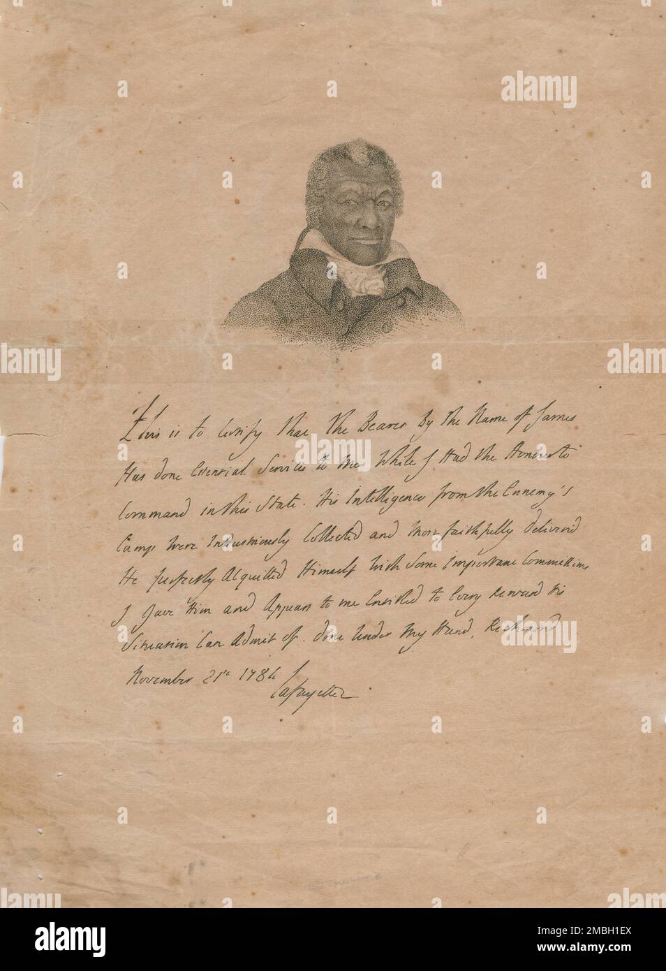 James Armistead Lafayette - das Originalzertifikat des Marquis de Lafayette, mit dem James Armistead Lafayette für seinen Revolutionskrieg gelobt wurde, mit einem Porträt nach John B. Martin, 1784-11-21. Lafayette war ein versklavierter Afroamerikaner, der während des Amerikanischen Unabhängigkeitskriegs unter dem Marquis der Kontinentalarmee diente und später eine gesetzgeberische Emanzipation erhielt. Als Doppelagent berichtete er über die Aktivitäten von Benedict Arnold, nachdem er zu den Briten übergelaufen war, und von Lord Cornwallis im Vorfeld der Schlacht von Yorktown. Er hat die Briten mit falschen Informationen gefüttert Stockfoto