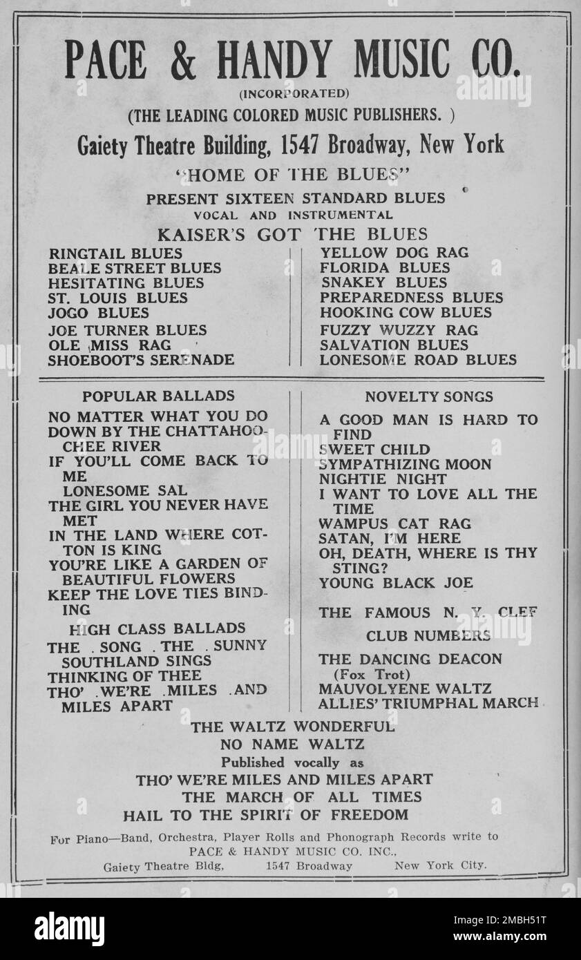 Pace &amp; Handy Music Co. [Incorporated]; [The Leading Colored Music Publishers]; Gaiety Theatre Building, 1547 Broadway, New York, 1918-1922. Stockfoto