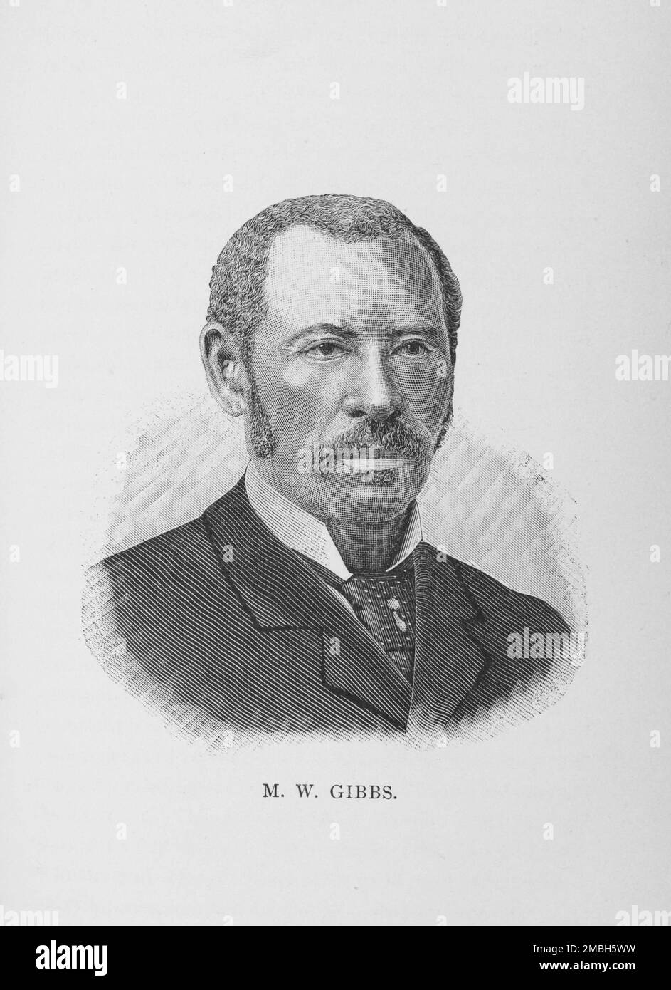 M. W. Gibbs, 1887. Mifflin Wistar Gibbs war ein amerikanisch-kanadischer Politiker, Geschäftsmann und Verfechter der Rechte für Afroamerikaner. Er war der erste Schwarze, der in ein öffentliches Amt in British Columbia gewählt wurde. Aus "Men of Mark: Eminent, Progressive and Rising" von William J. Simmons. Stockfoto