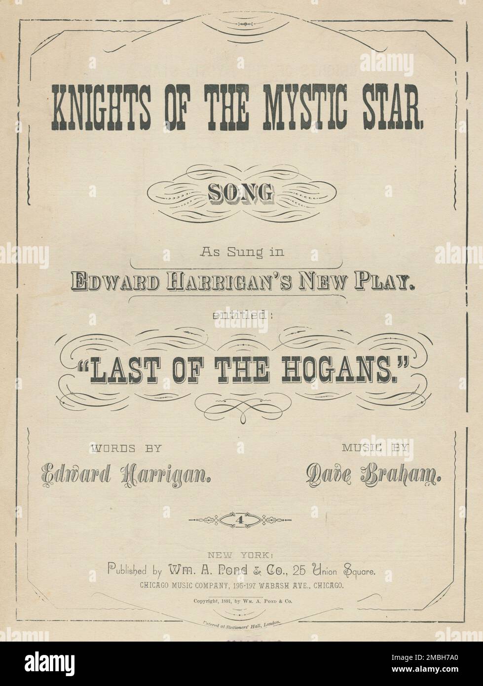 Ritter des mystischen Sterns, 1891. Weitere Bezeichnung: Last of the Hogans. Ritter des mystischen Sterns. [Einheitlicher Titel]. „Wie in Edward Harrigans neuem Stück gesungen... Worte von Edward Harrigan, Musik von Dave Braham“. Stockfoto