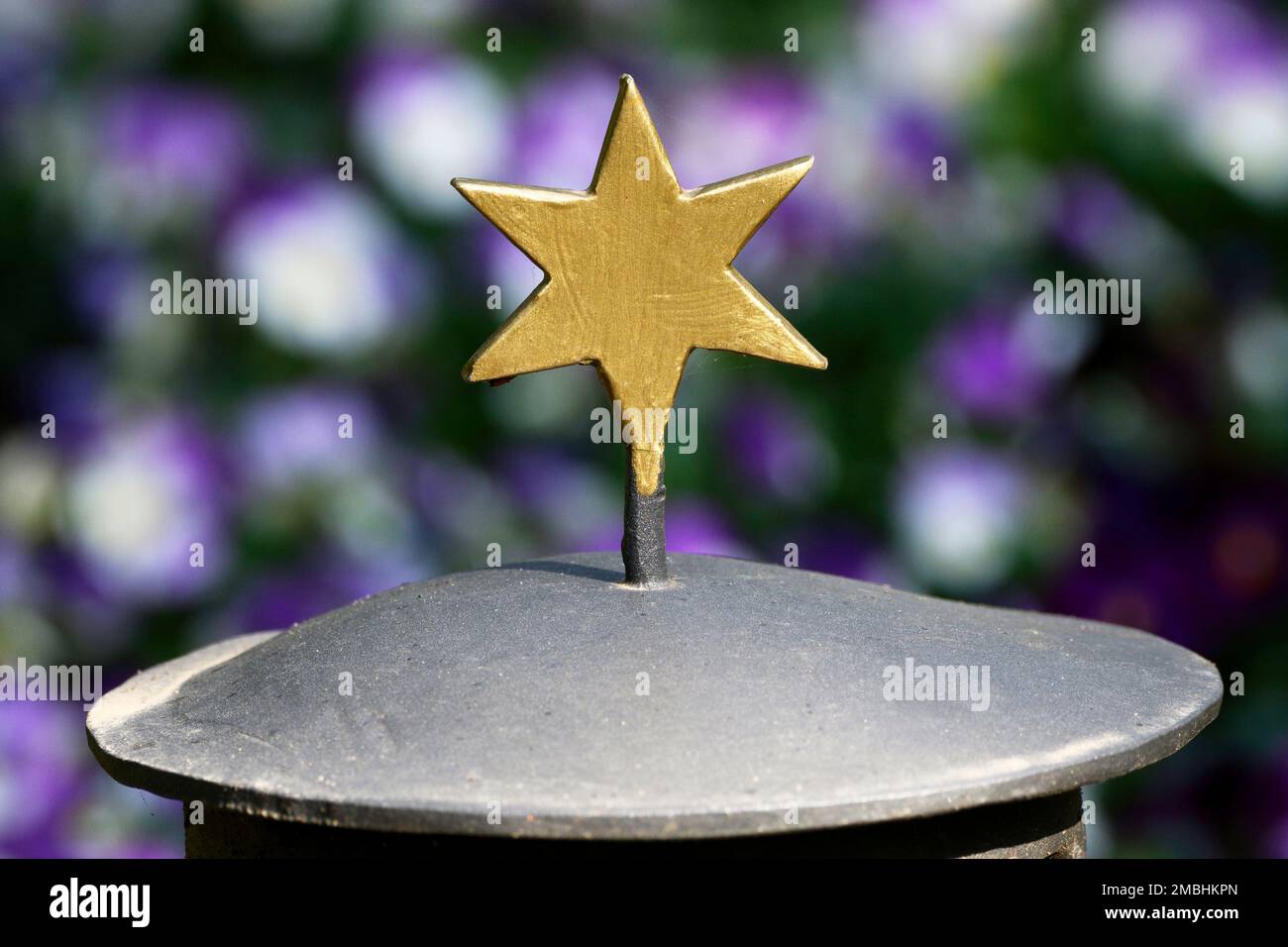goldener Stern auf einem Grab mit bunten Frühlingsblumen auf verschwommenem Hintergrund Stockfoto