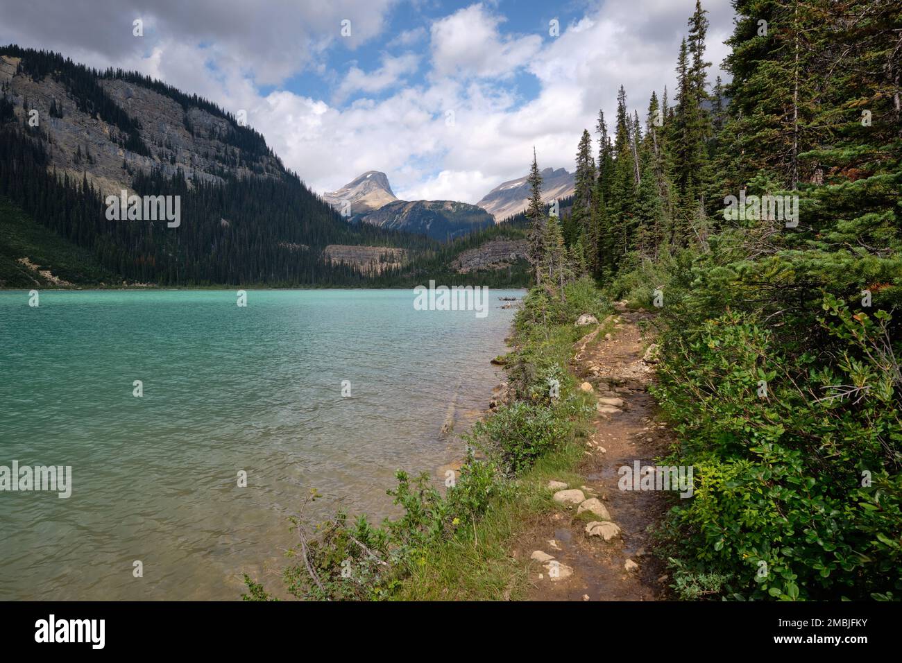 Der Weg führt am Rande des Sherbrooke Lake entlang zu steilen, teilweise bewaldeten Bergen im Yoho-Nationalpark in Kanadas Rockies. Stockfoto