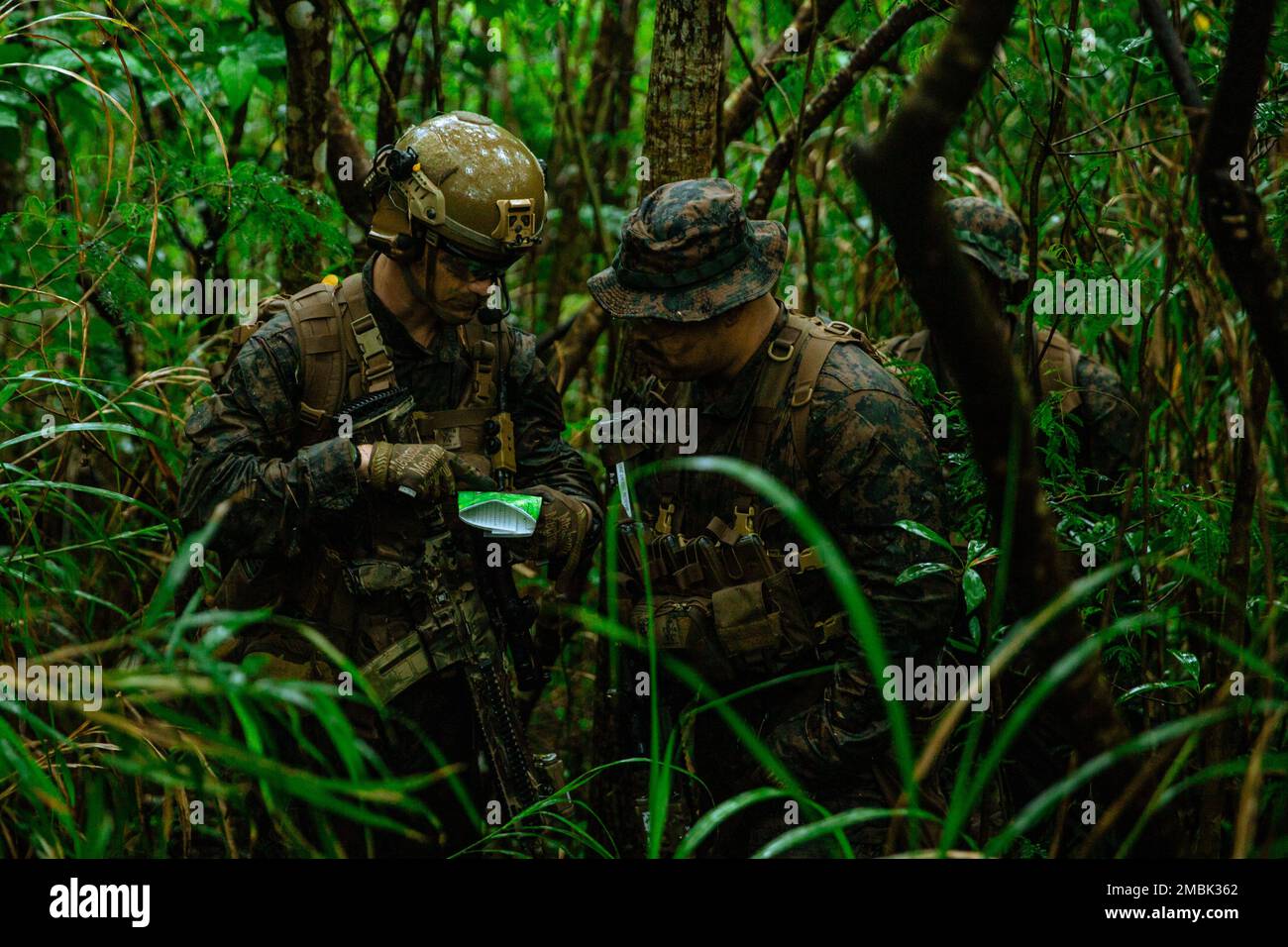 USA Marines mit Bataillon Landing Team 2/5, 31. Marine Expeditionary Unit, lesen die Wegbeschreibung zum Standort eines Bivouac-Geländes während einer Persistenzübung in Camp Hansen, Okinawa, Japan, 15. Juni 2022. BLT 2/5 praktizierte das Signaturmanagement durch Tarnung, Informationssammlung und Bewegung in der rauen Umgebung des Dschungels. Die MEU von 31., die einzige fortlaufend nach vorn verlegte MEU des Marine Corps, bietet eine flexible und tödliche Truppe, die bereit ist, als führende Krisenreaktionstruppe in der Region Indo-Pazifik ein breites Spektrum militärischer Operationen durchzuführen. Stockfoto