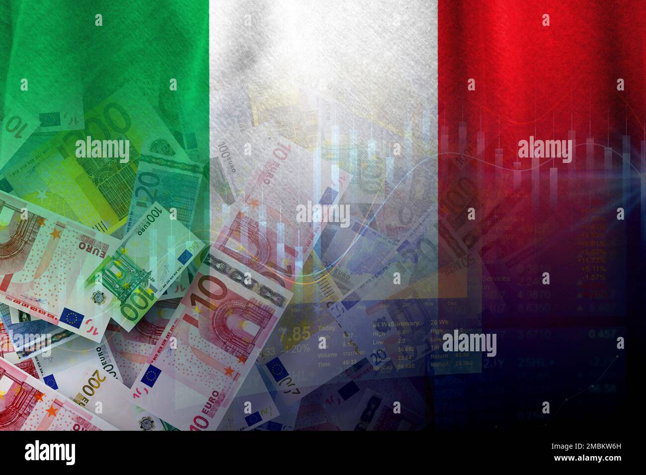 Italienische Flagge, Euro-Bargeld-Banknoten und Börsenindikatoren ...
