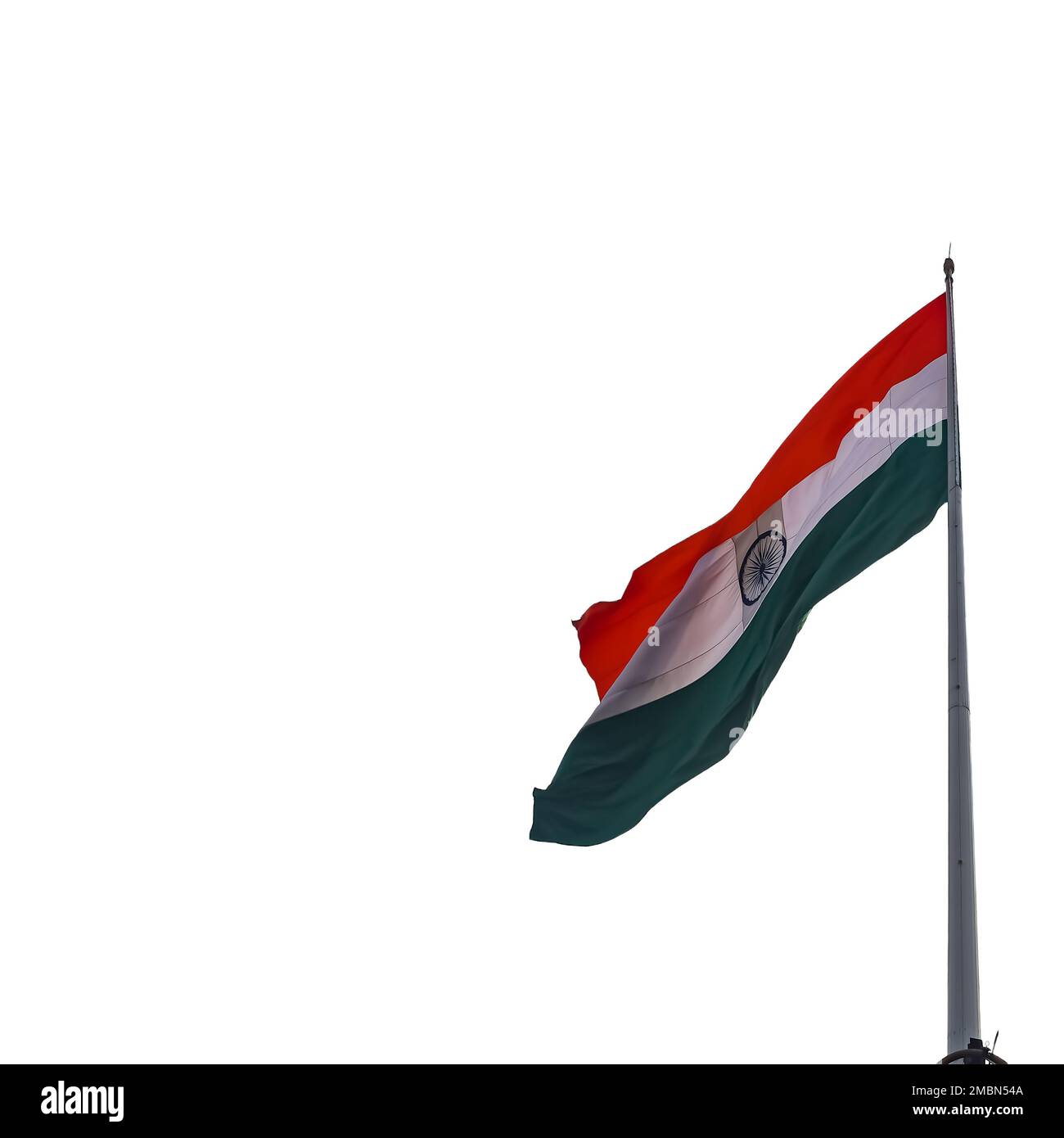 Die indische Flagge am Connaught Place mit Stolz auf weißem Hintergrund, die indische Flagge flattert, die indische Flagge am Unabhängigkeitstag und die Republik Stockfoto