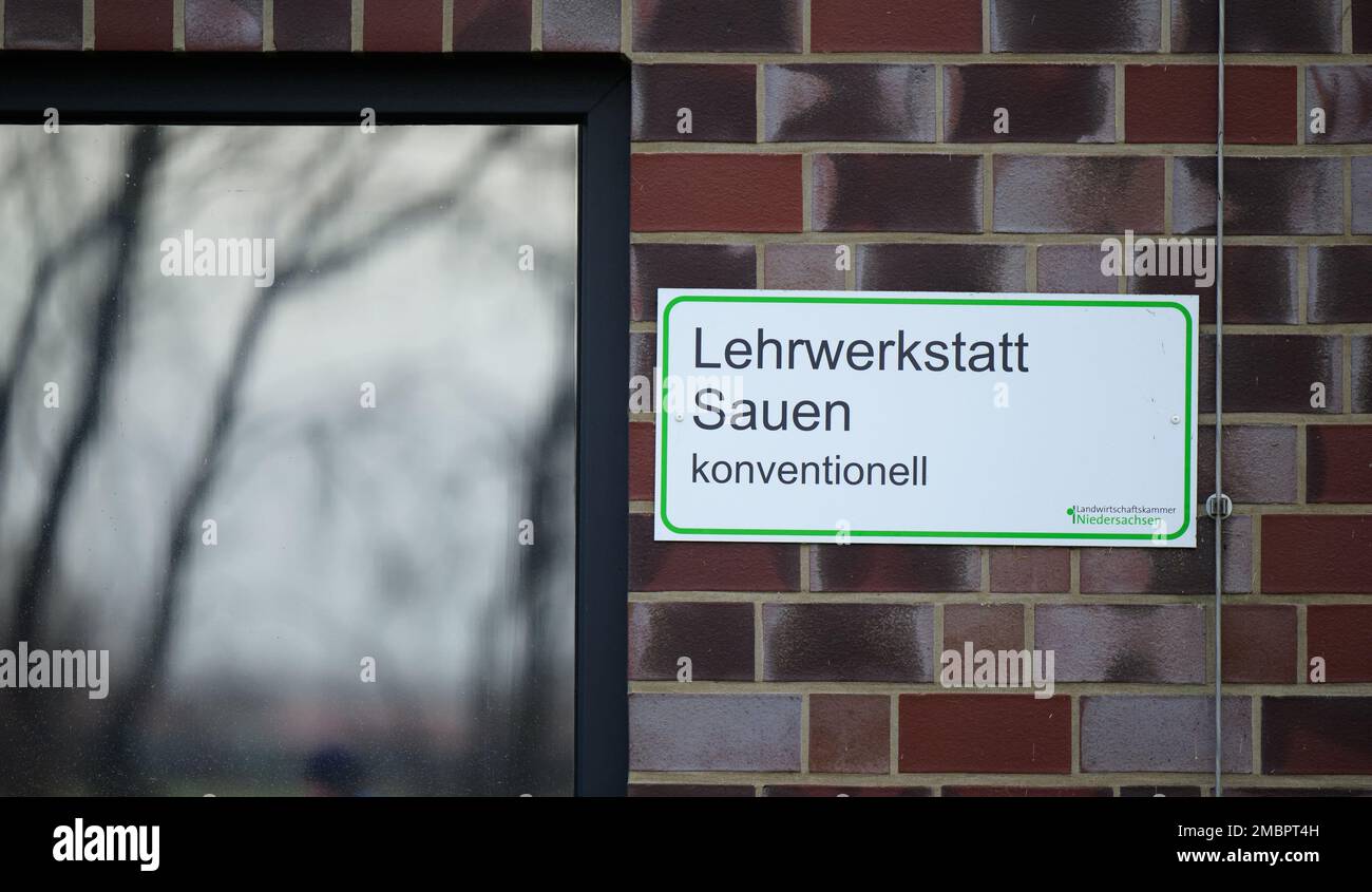 Echo, Deutschland. 12. Januar 2023. Auf einem Schild auf dem Gelände des Landwirtschaftlichen Ausbildungszentrums (LBZ) steht „Training Workshop Sauen, konventionell“. Im Lernlabor für die ökologische Schweinezucht, einem bis Dezember 2023 laufenden dreijährigen Projekt, das vom Bundesministerium für Ernährung und Landwirtschaft finanziert wird, können Besucher die vier vertrauten Anbaumethoden im Handel selbst zusammenstellen. (An dpa „Learning Laboratory for organic Pig Farming near Lüneburg“) Kredit: Philipp Schulze/dpa/Alamy Live News Stockfoto