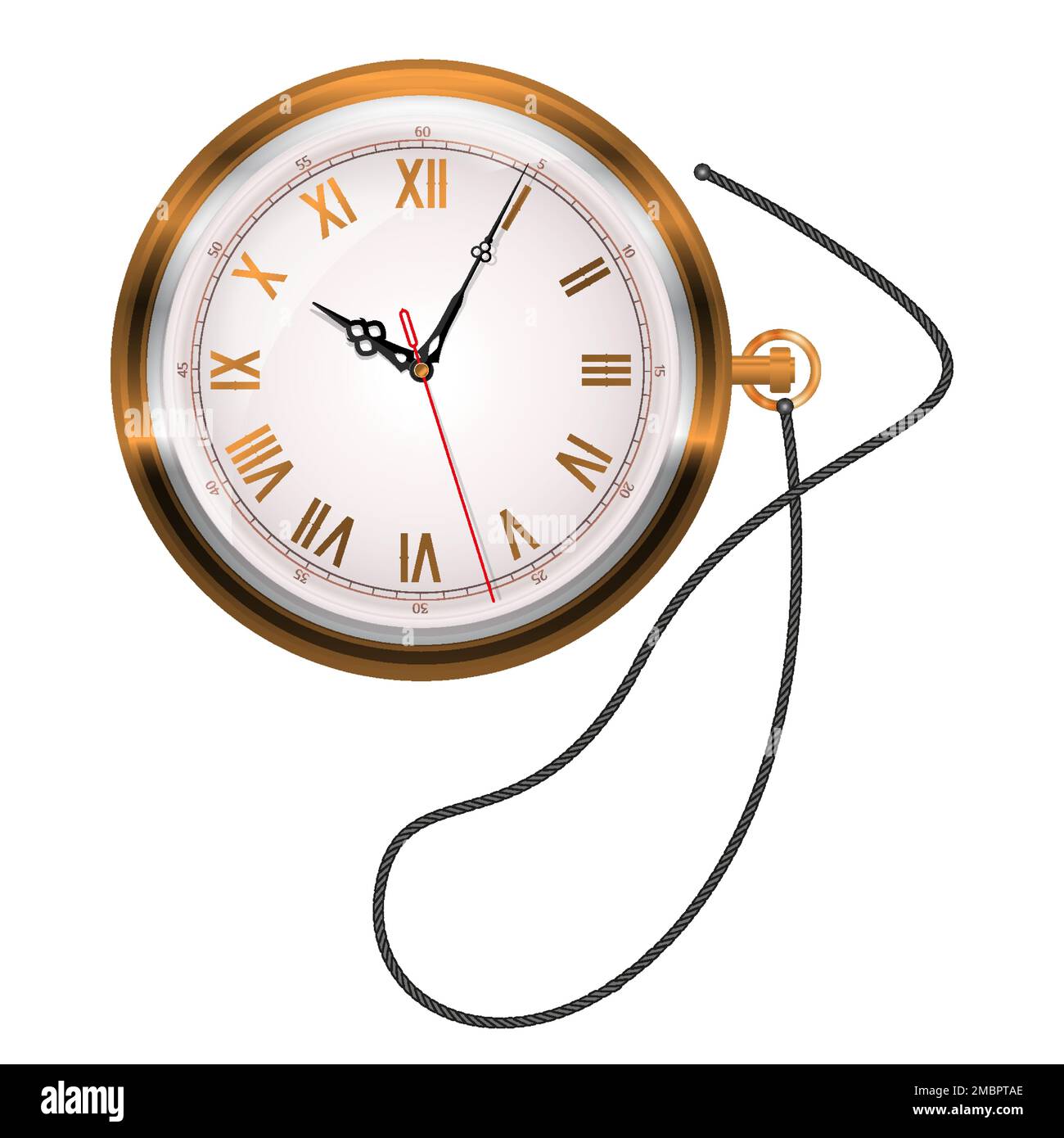 Goldene Uhr an einer Schnur. Römische Zahlen. Realistische 3D-Vektordarstellung auf weißem Hintergrund isoliert. Stock Vektor