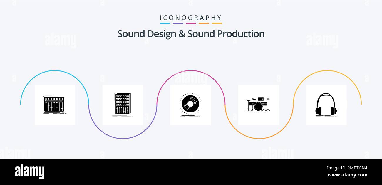 Sound Design und Sound Production Glyph 5 Icon Pack inklusive Instrument. Trommel. Mischer. Vinyl. Phonographen Stock Vektor