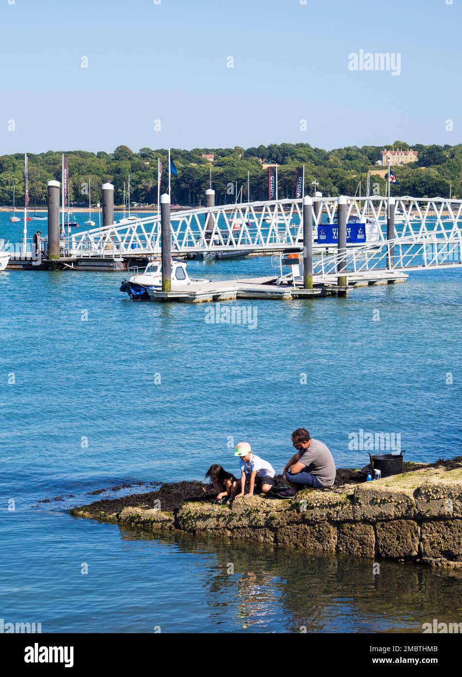 Vater und Kinder, Krabbenfischen, Cowes Harbour, Cowes, Isle of Wight, England, Großbritannien, GB. Stockfoto