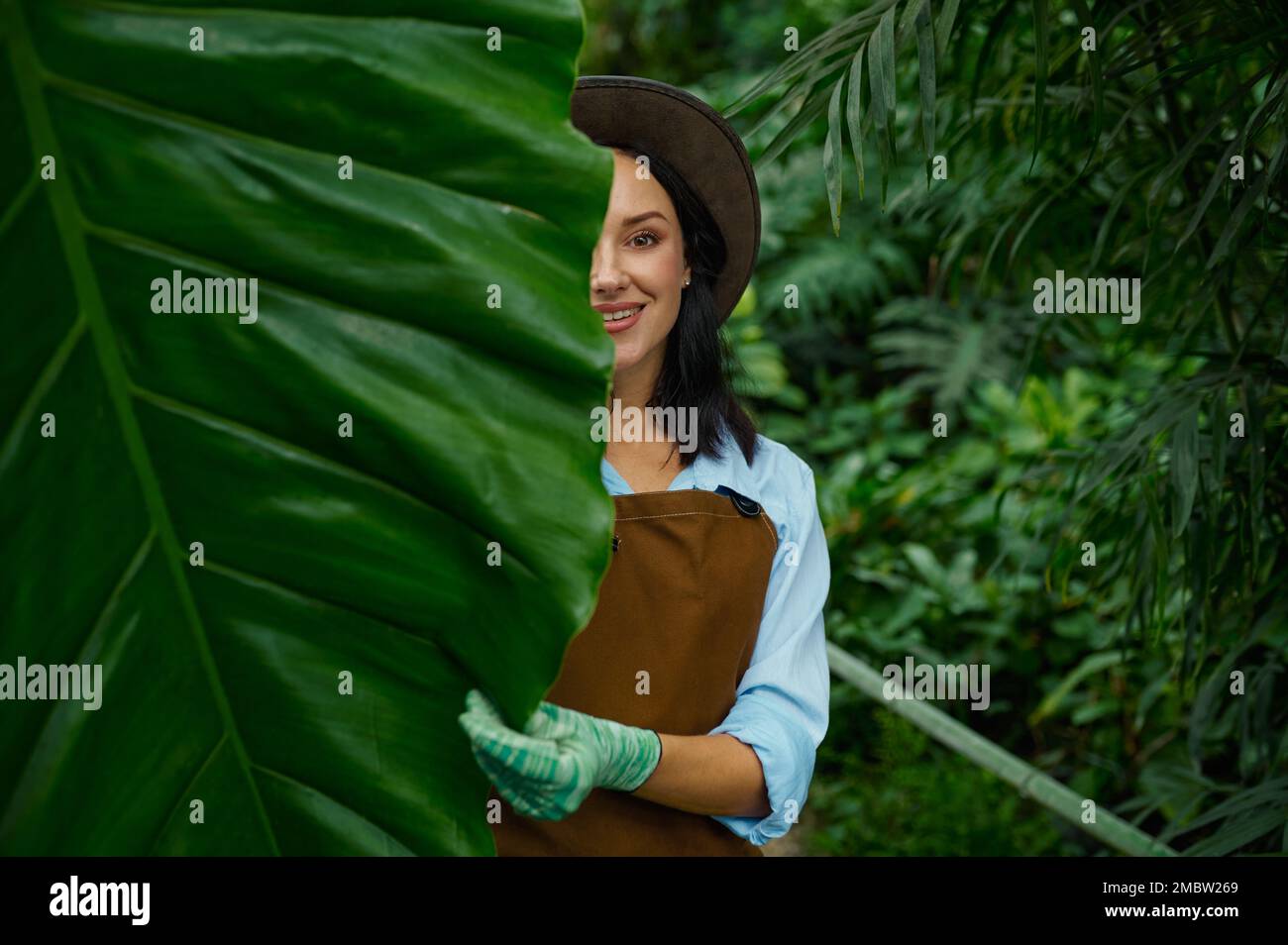 Porträt einer wunderschönen Gärtnerin, die durch üppiges Laub in die Kamera schaut Stockfoto