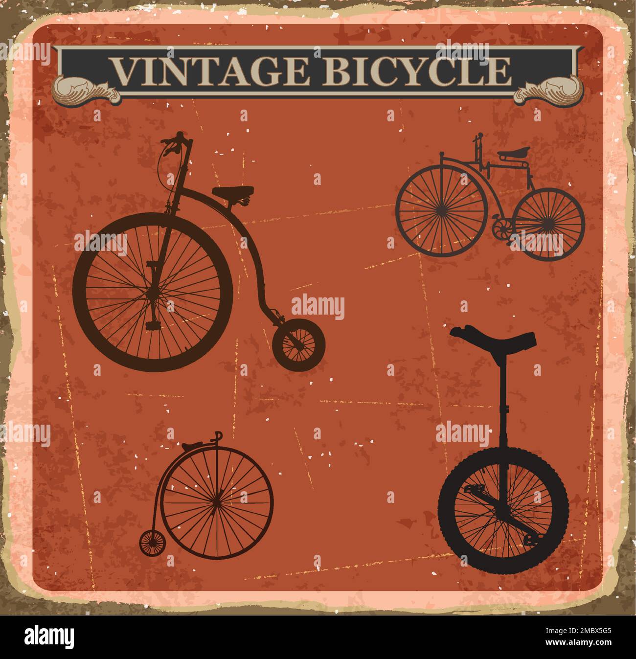 Vintage-Fahrrad-Set Mit Vier Fahrrädern. Vintage Bicycle Poster Art Stock Vektor