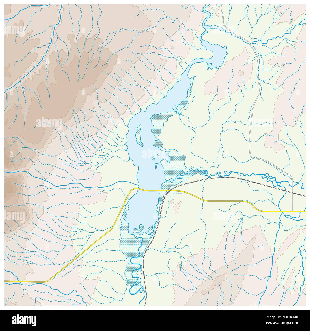 Fiktive topographische Karte mit See und Bergen Stockfoto