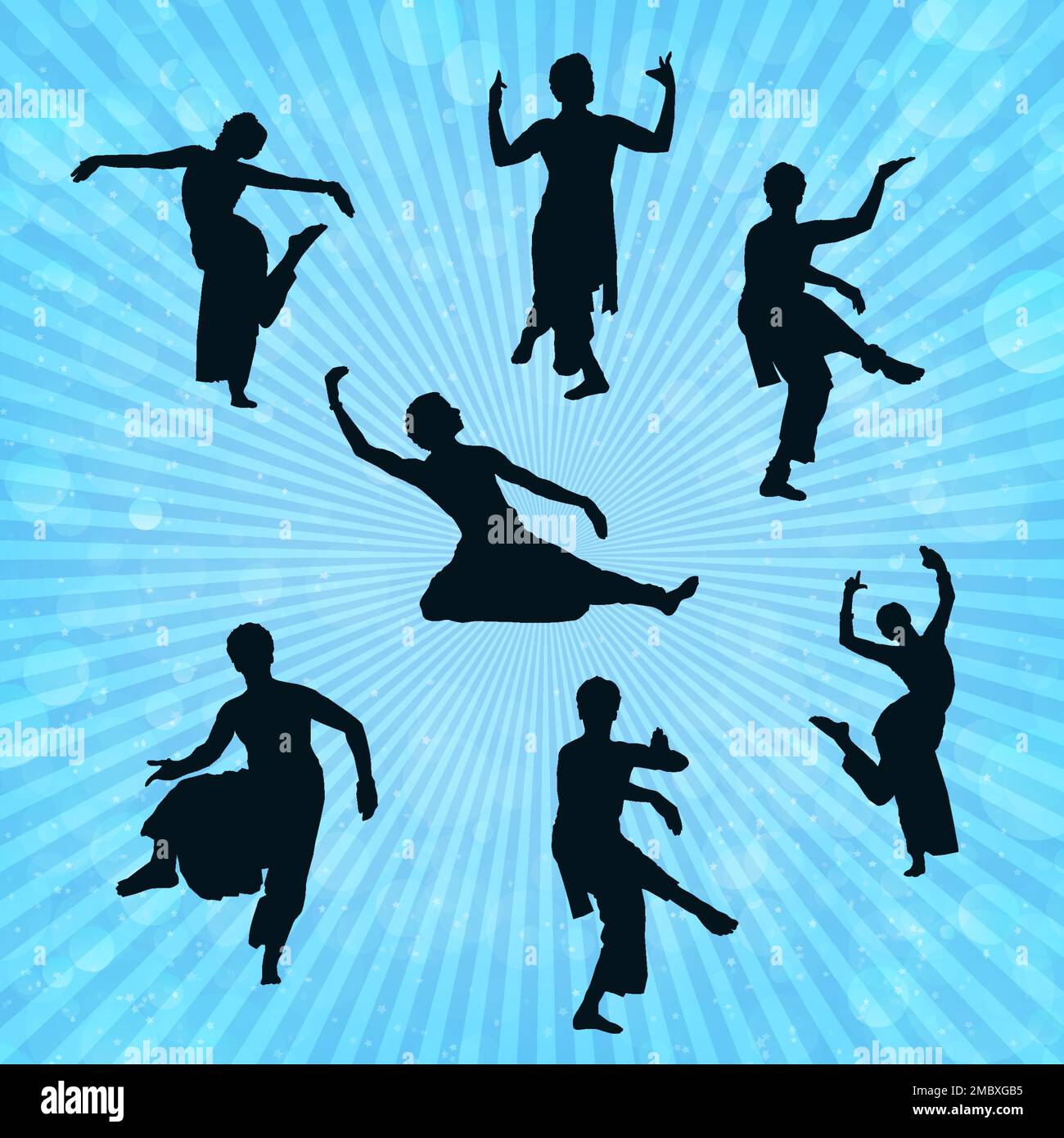 Indischer Männentänzer Verschiedene Posen Auf Blauem Sunburst Bokeh Hintergrund Stock Vektor