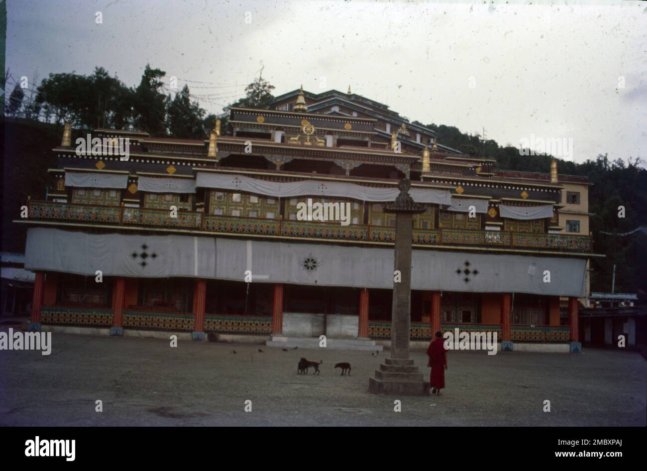 Das Kloster Rumtek, auch Dharma Chakra Centre genannt, ist eine Gompa im indischen Staat Sikkim in der Nähe der Hauptstadt Gangtok. Es ist der Exilsitz des Gyalwang Karmapa, der 1966 vom 16. Karmapa eingeweiht wurde. Das Kloster ist derzeit das größte in Sikkim. Es ist die Heimat der Gemeinde der Mönche und wo sie die Rituale und Praktiken der Abstammung Karma Kagyu durchführen. Ein goldener Stupa enthält die Relikte des 16. Karmapa. Stockfoto