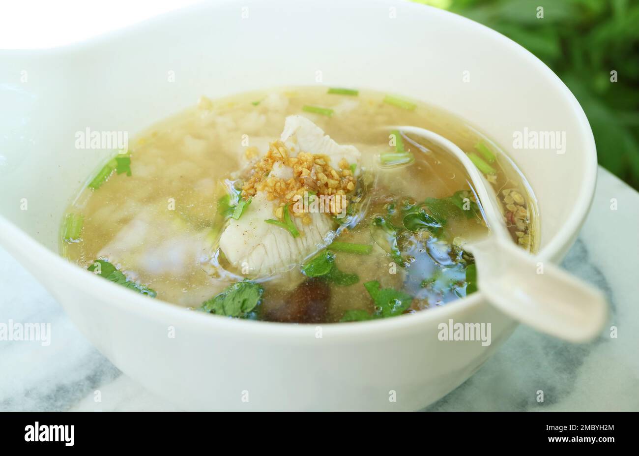 Nahaufnahme des leckeren chinesischen Reisridge mit Seabass Stockfoto
