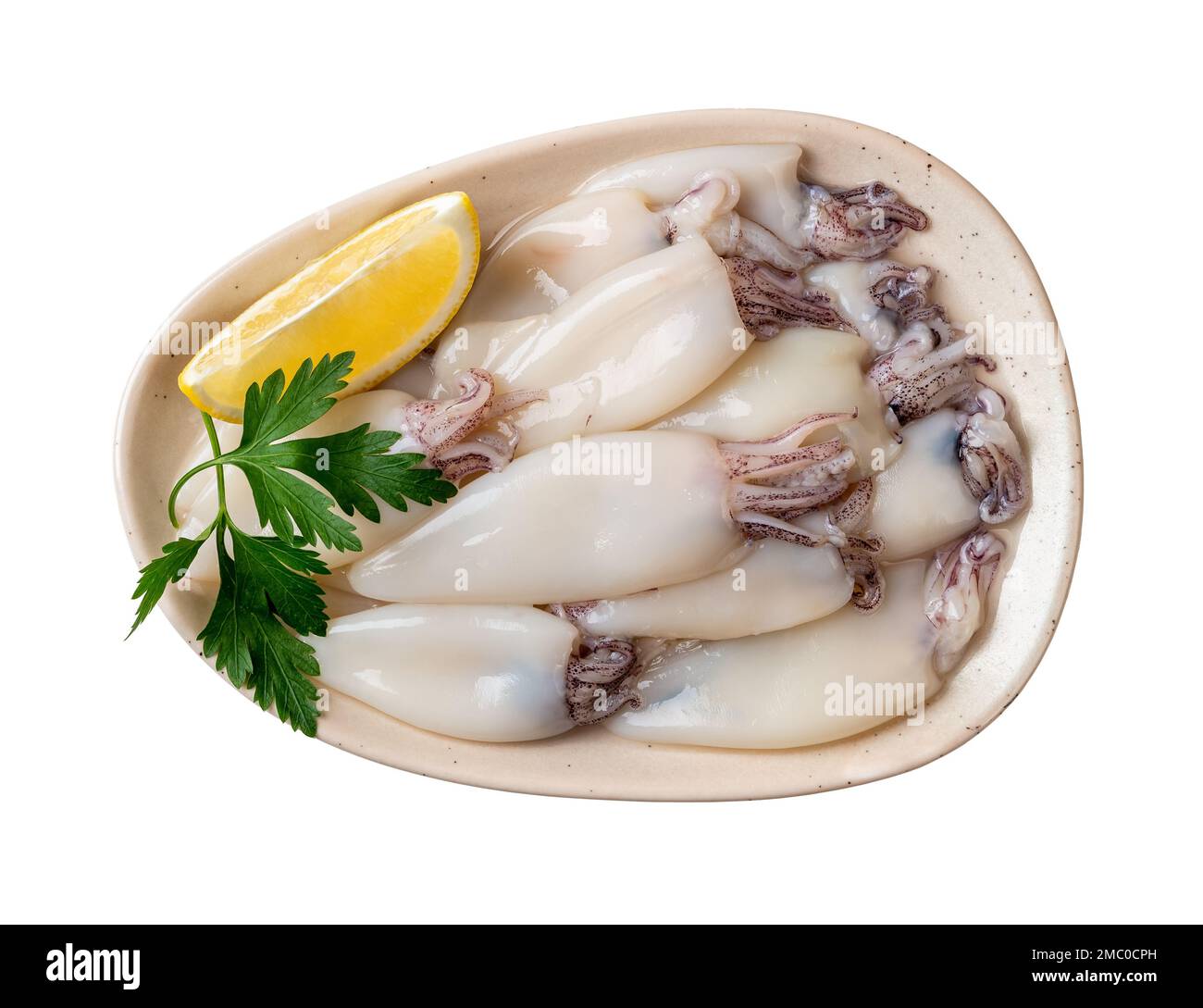 Rohes Tintenfischfilet und Zitrone auf einem Plattenausschnitt. Platte von kleinen Calamaröhren, isoliert auf weißem Hintergrund. Frische Tintenfische zum Kochen kalorienarmer Gerichte. Stockfoto