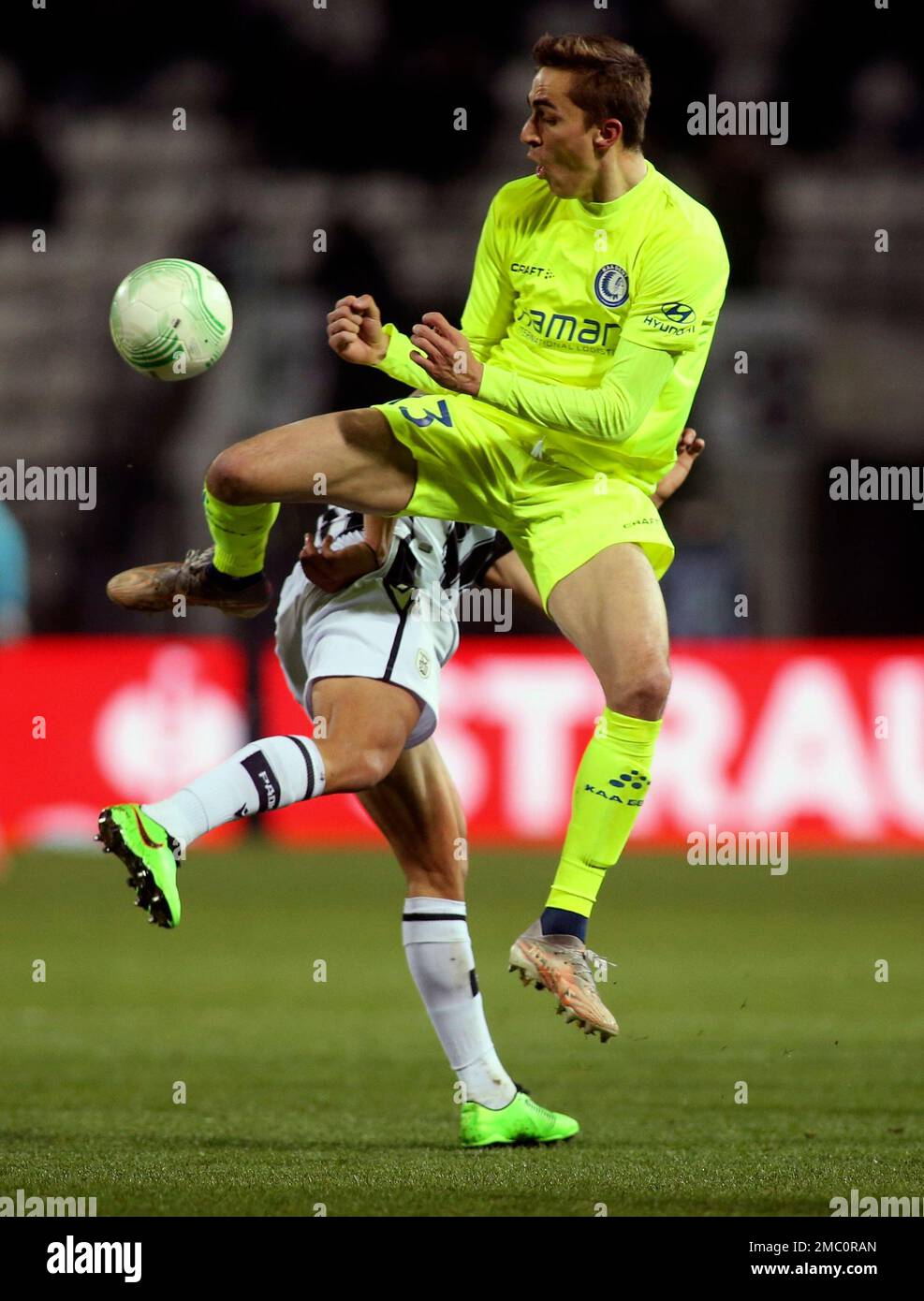 Gent's Julien De Sart jumps of the ball during the Europa Conference