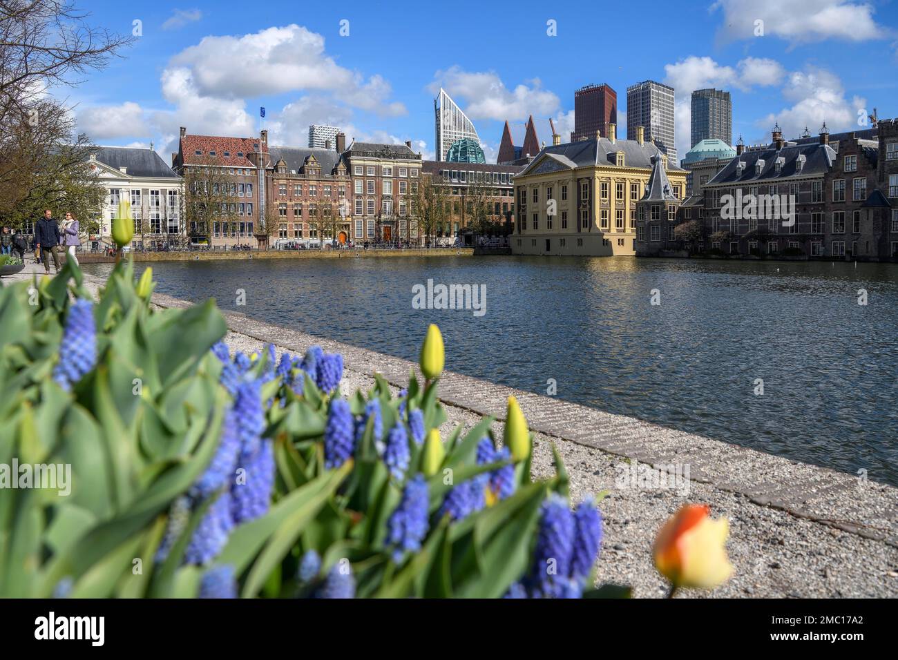 Museum Mauritshuis am Hofvijver, Hofweiher, im Hintergrund die moderne Skyline Den Haag, Holland, Niederlande Stockfoto