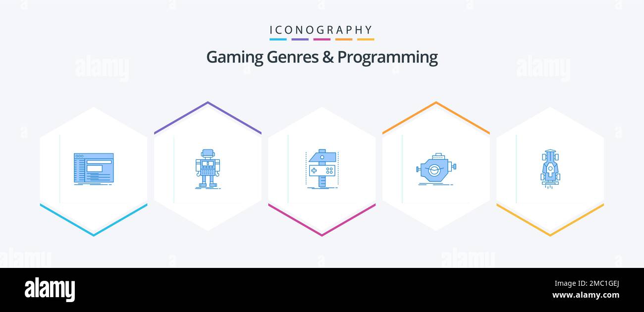 Gaming-Genres und Programming 25 Blue Icon Pack einschließlich Branche. Spiel. Roboter. Entwickler. Handwerk Stock Vektor
