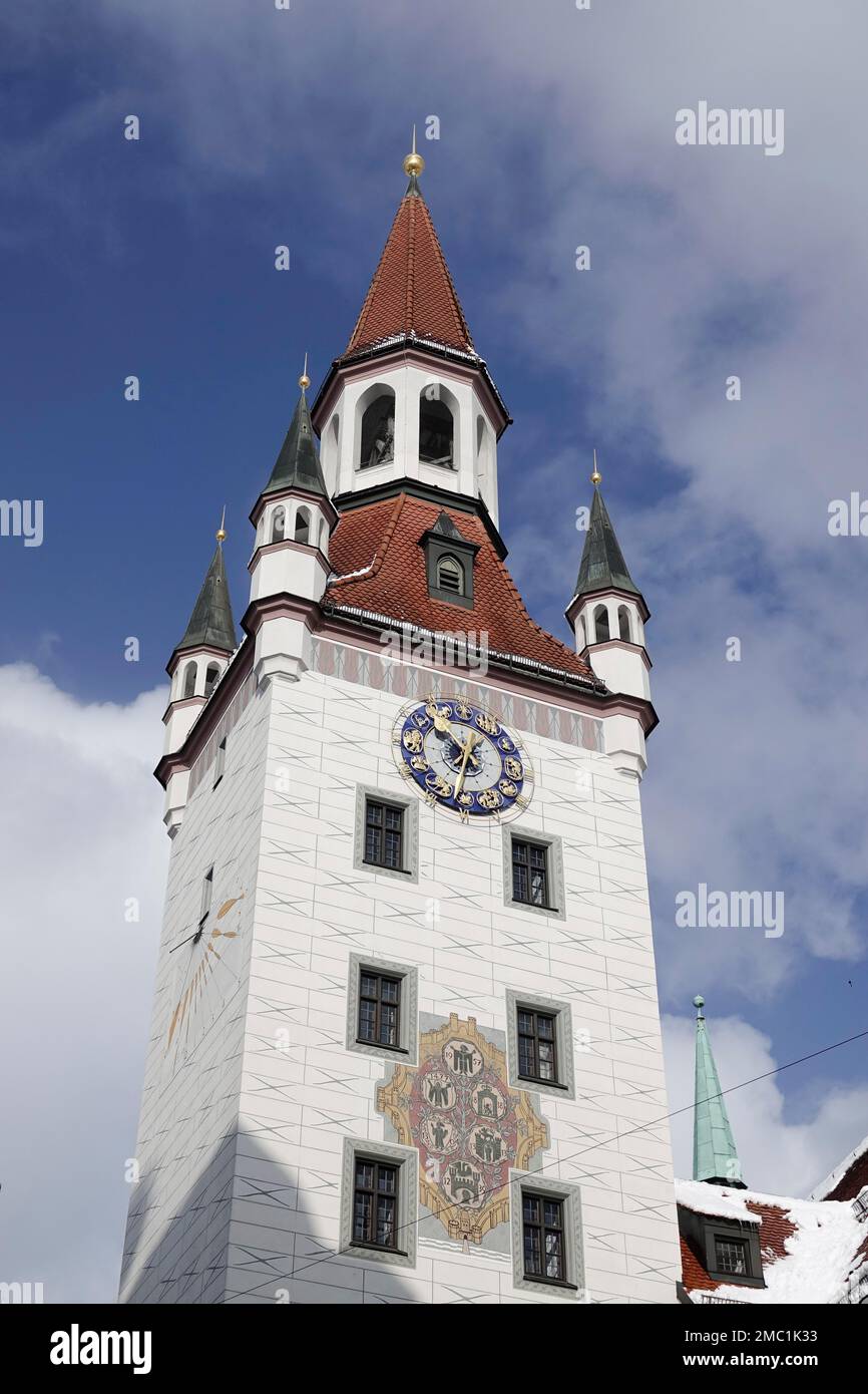 Turm Altes Rathaus, Winterschnee, München, Bayern, Oberbayern, Deutschland Stockfoto