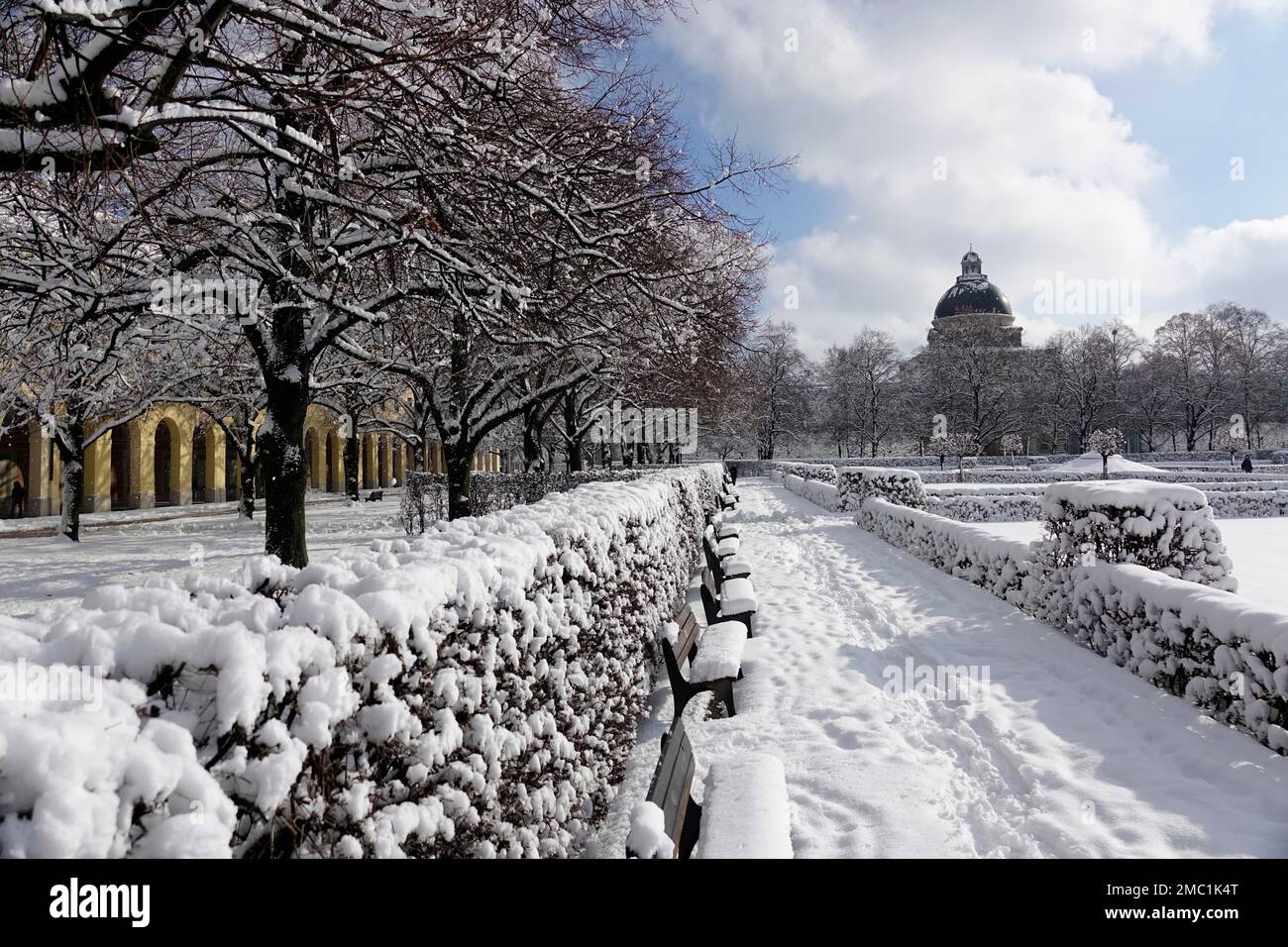 Hofgarten, hinter der Bayerischen Staatskanzlei, im Winter schneebedeckt, München, Bayern, Oberbayern, Deutschland Stockfoto