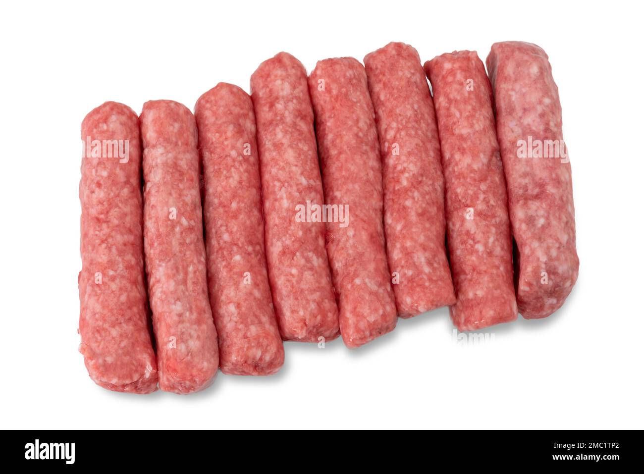 Rohe truthahn- und Schweinefleischwurst, isoliert auf weiß, mit Schnittpfad im Preis inbegriffen Stockfoto