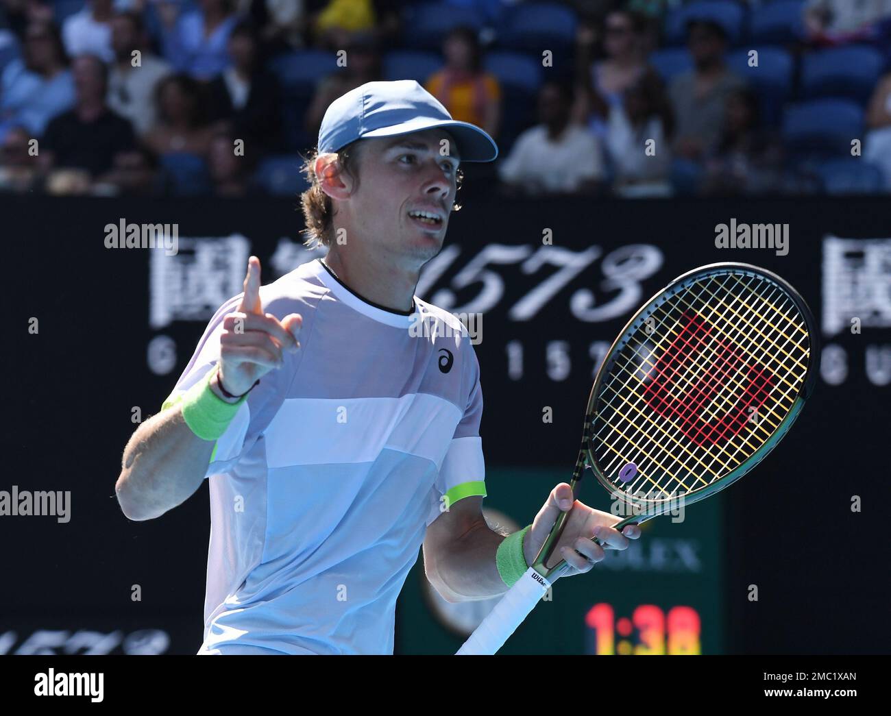 Melbourne, Australien. 21. Januar 2023. Australian Open 2023 Melbourne Park Day 6 21./01/2023. Alex de Minaur (AUS) gewinnt die dritte Runde des Spiels: Roger Parker/Alamy Live News Stockfoto
