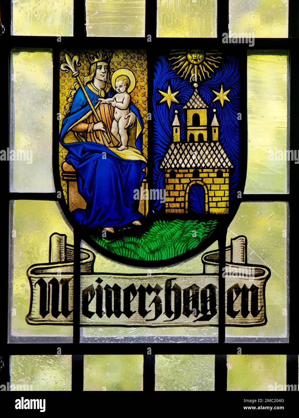 Das historische Wappen von Meinerzhagen, Museum der Grafschaft Mark, Schloss Altena, Altena, Sauerland, Nordrhein-Westfalen, Deutschland Stockfoto