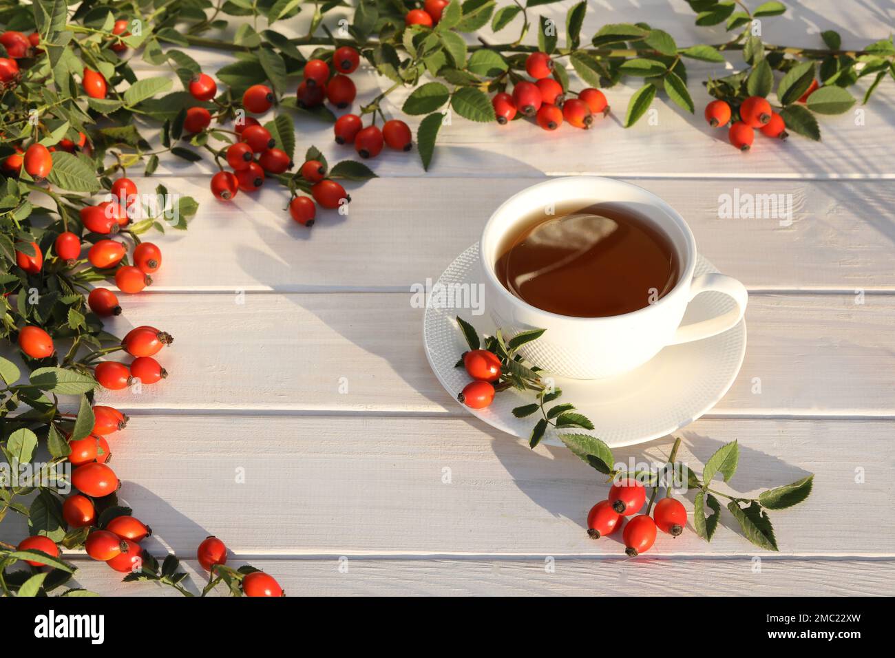 Tasse Tee mit Rosenbeeren auf weißem Holzhintergrund Stockfoto