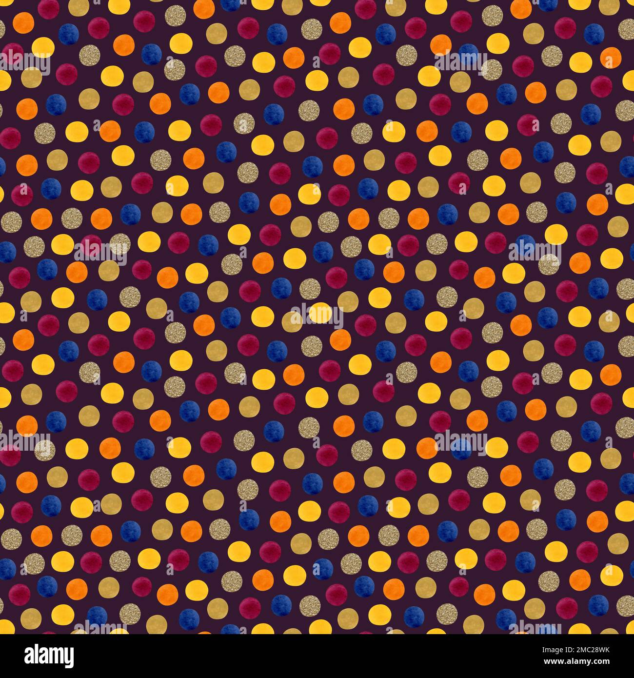 Aquarelle Konfettimuster mit bunten Punkten auf dunkelbraunem Hintergrund. Nahtlose Textur in Blau, Lila und Gold. Stockfoto