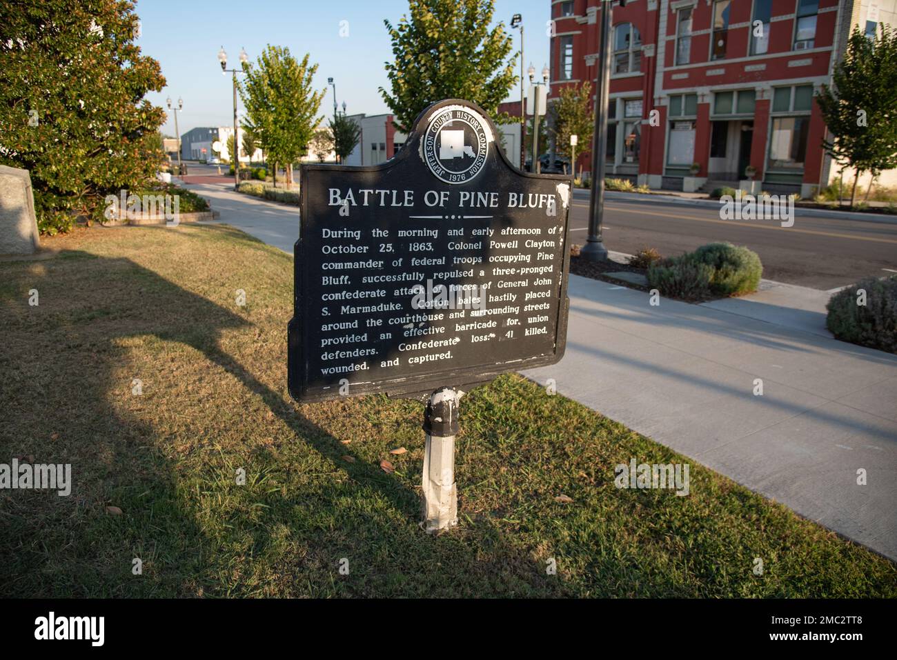 Historischer Marker für die Schlacht von Pine Bluff, Pine Bluff, Arkansas. Stockfoto