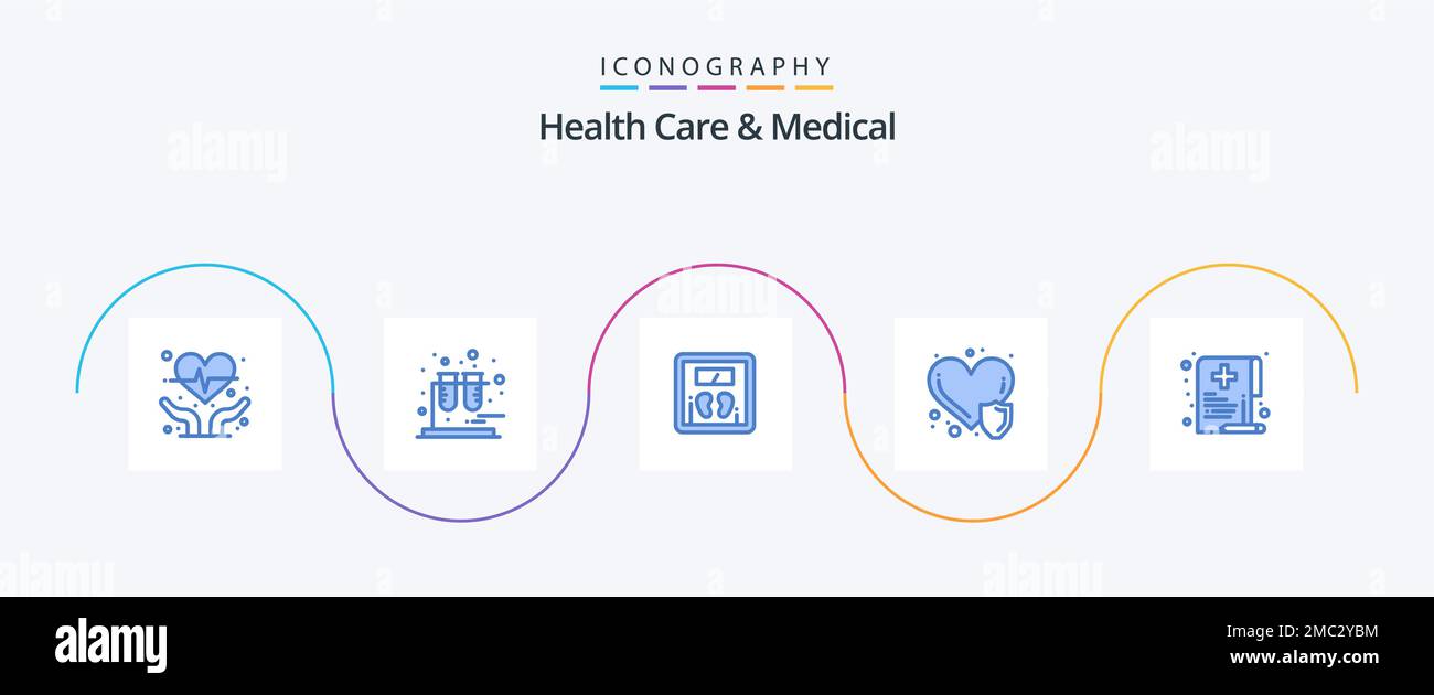 Health Care und Medical Blue 5 Icon Pack einschließlich Medizin. Gesundheit. Gewicht. Pflege. Herzerkrankungen Stock Vektor