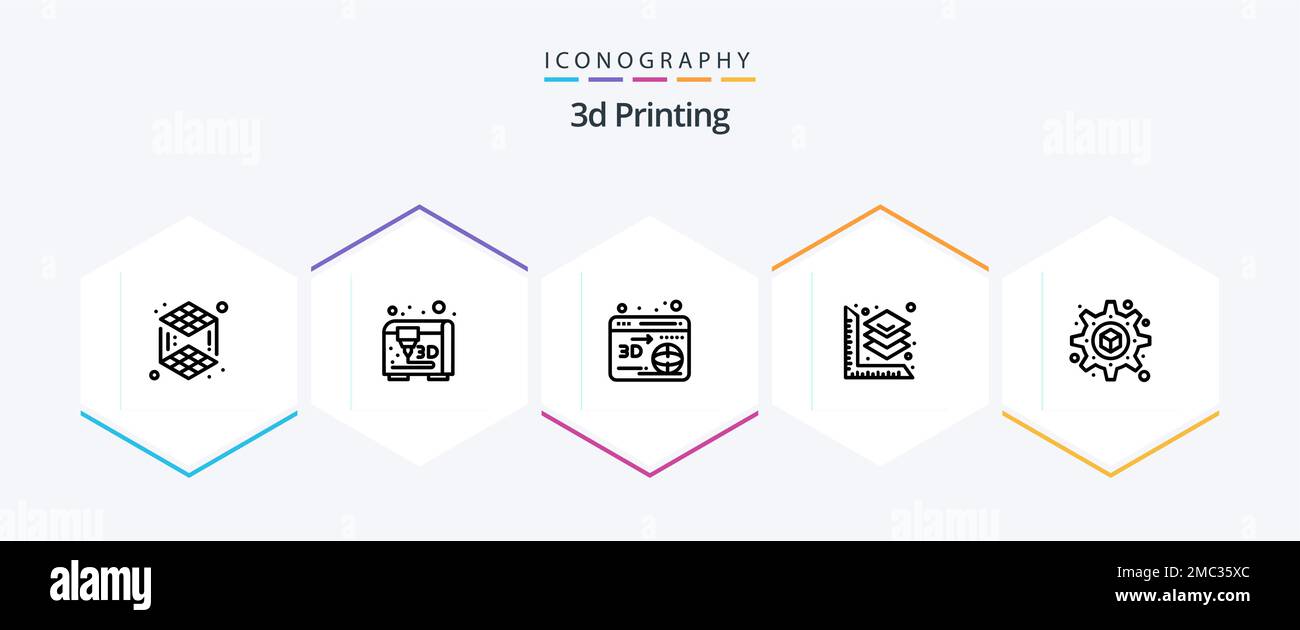3D 25-zeiliges Symbolpaket für den Druck mit . Drucken. Web. 3D. Drucken Stock Vektor