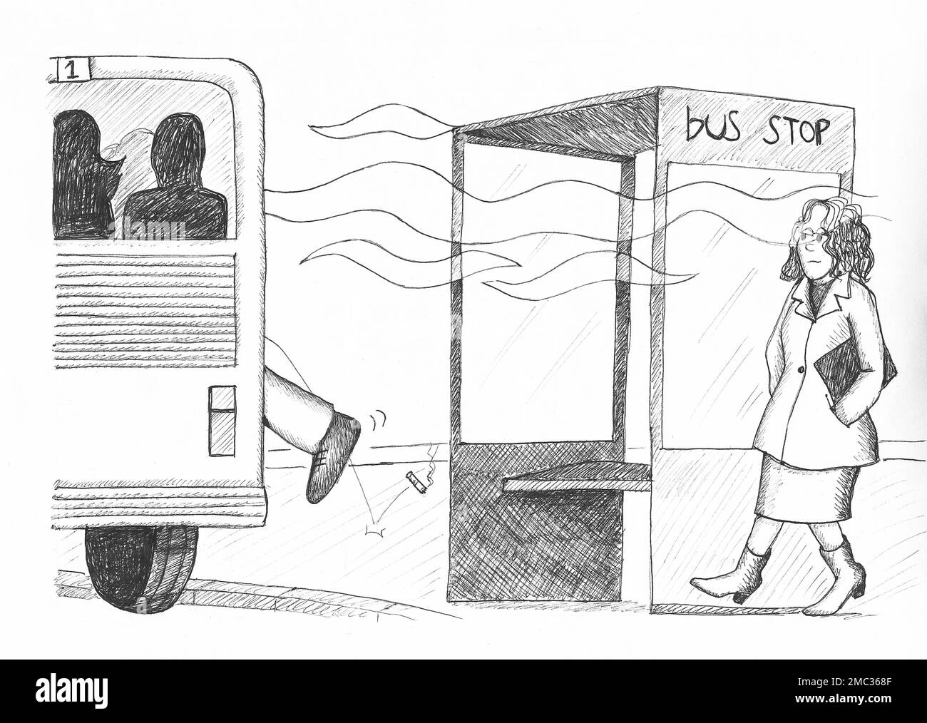 Bushaltestelle verunreinigt mit Zigarettenrauch, verstreut von einem Mann, der den Bus nimmt. Illustration. Stockfoto
