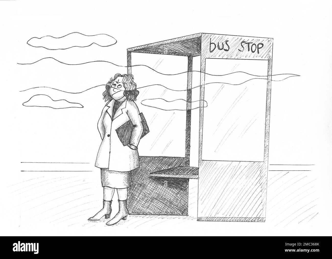Frau an einer Bushaltestelle, verärgert von dem Rauch, der von einem Raucher verstreut wurde, der weg ist. Illustration. Stockfoto