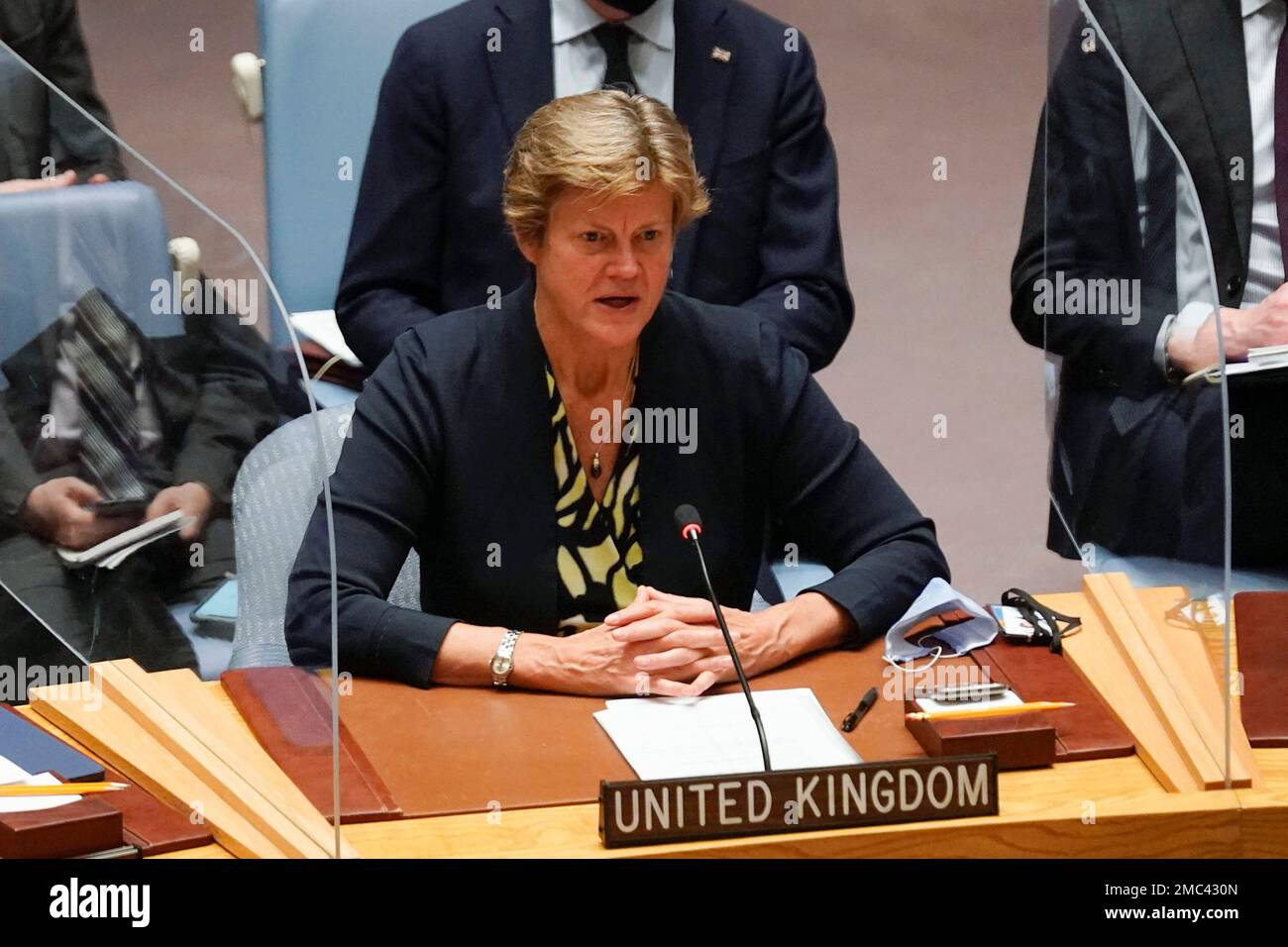 Britain's Ambassador to the United Nations Barbara Woodward speaks