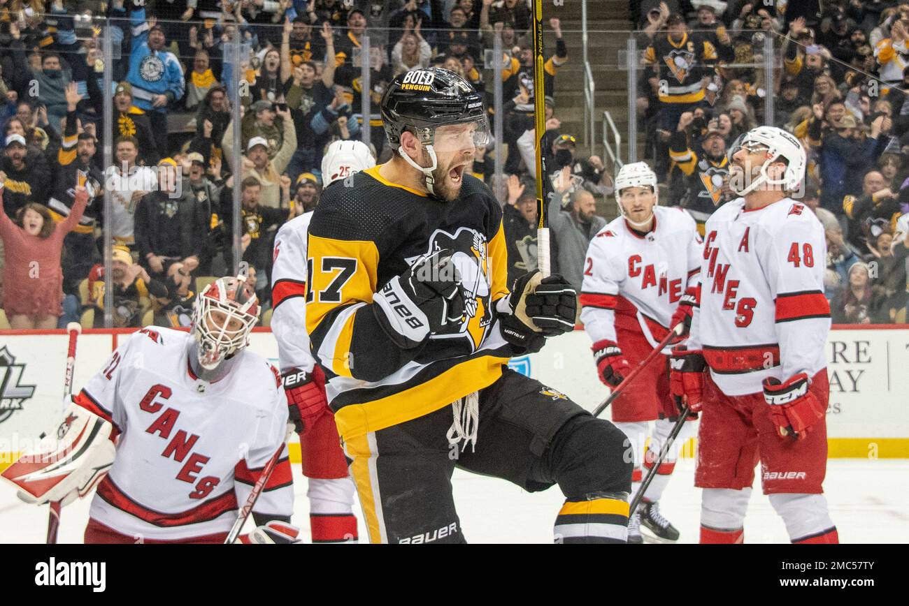 Pittsburgh Penguins winger Brian Rust, (17), celebrates scoring a goal during the second period of an NHL hockey game against the Carolina Hurricanes on Sunday, Feb. 20, 2022, in Pittsburgh. (AP Photo/Fred Vuich) Stockfoto