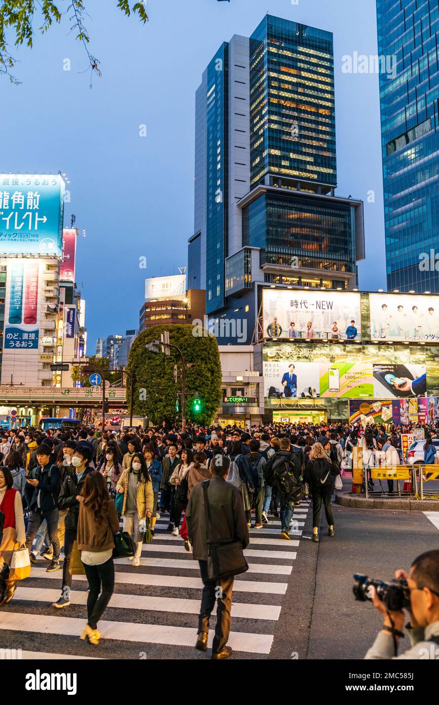 Tokio. Shibuya. Die berühmten jagt Kreuzung, mit Menschen über die Straße vor dem Bahnhof. Blaue Stunde am Abend, Gebäude beleuchtet. Stockfoto