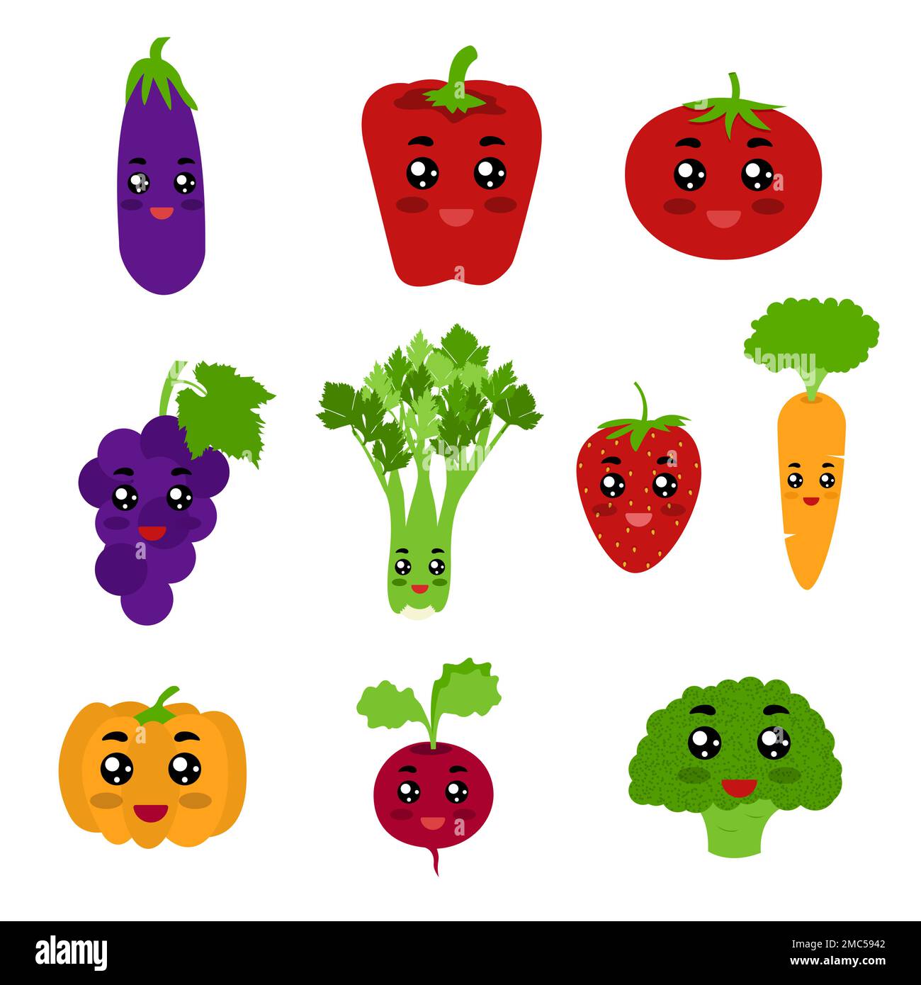 Obst und Gemüse wie Kawaii-Figuren. Obst und Gemüse sind Auberginen, Paprika, Tomaten, Trauben, Sellerie, Petersilie, Erdbeere, Karotten Stock Vektor