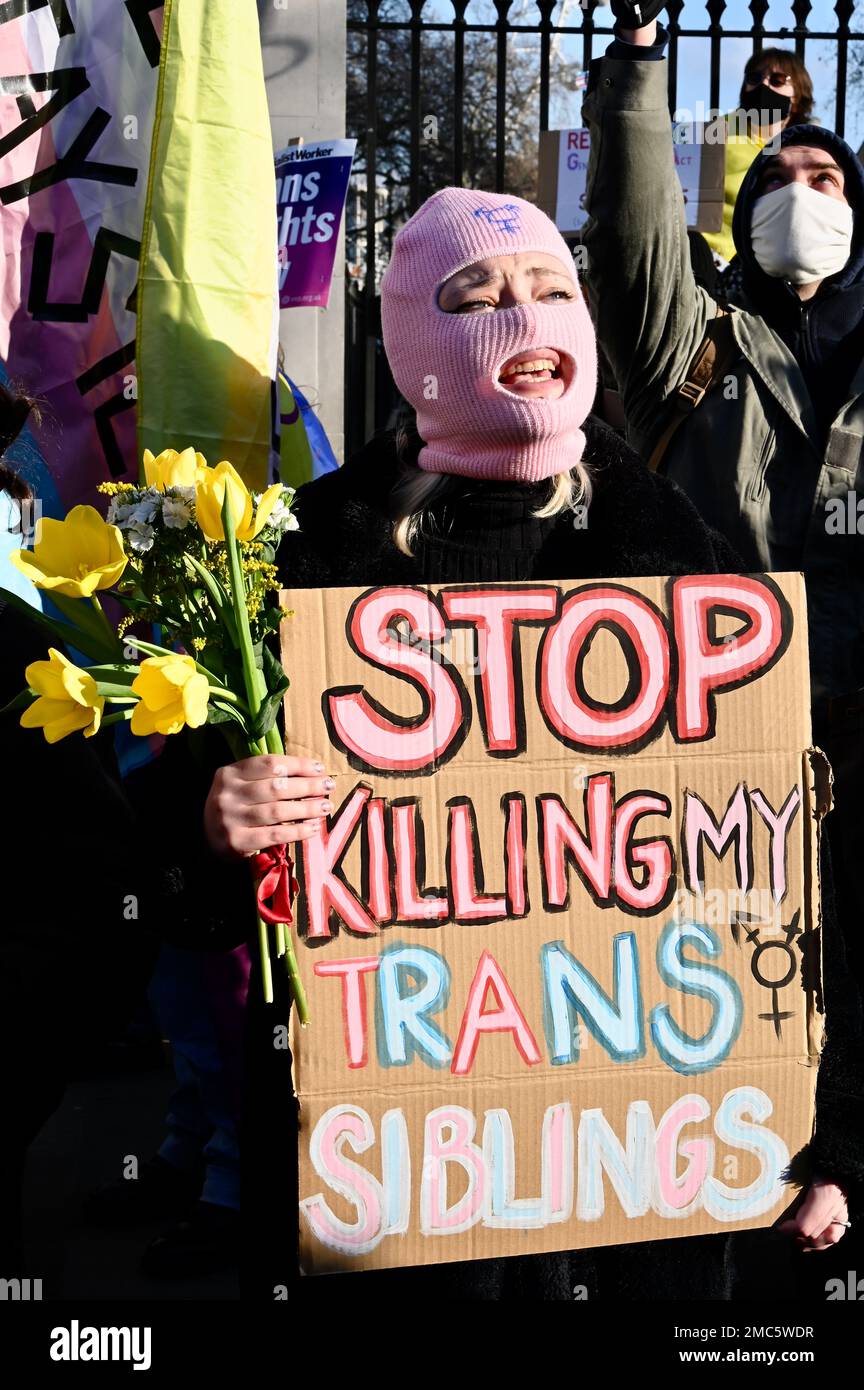 London, Großbritannien. Trans-Aktivisten protestieren gegenüber der Downing Street gegen die Blockade des schottischen Gender-Reform-Gesetzes durch Premierminister Rishi Sunak. Kredit: michael melia/Alamy Live News Stockfoto