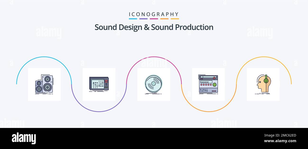 Sound Design und Sound Production Line Filled Flat 5 Icon Pack mit Modul. Regal. Musik. Vinyl. Phonographen Stock Vektor