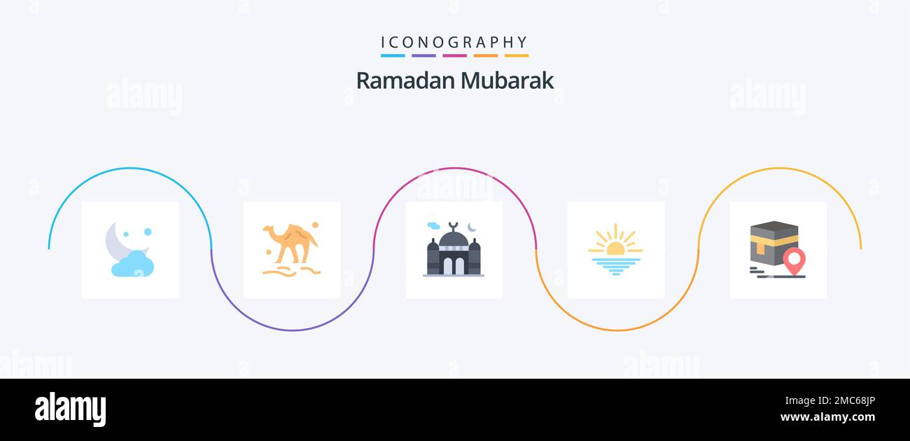 Ramadan Flat 5 Icon Pack inklusive Morgengrauen. Sonne. Wüste. Beten Sie. der islam Stock Vektor
