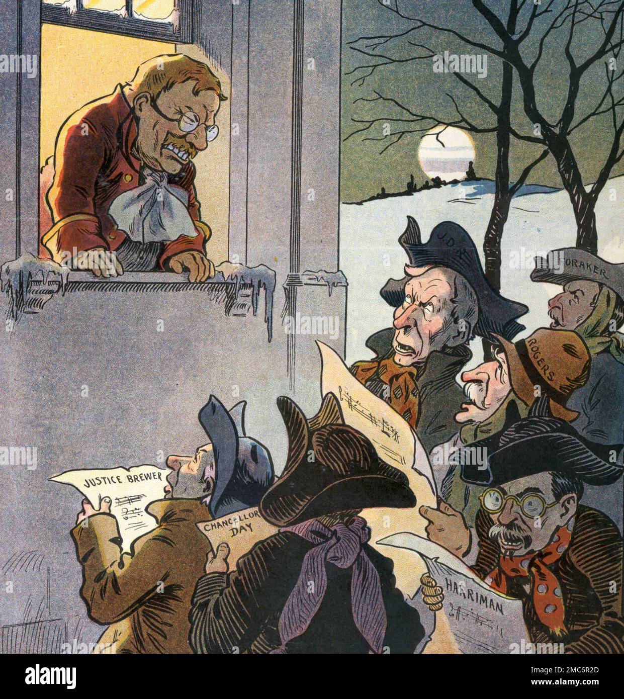 Gott habe dich, fröhlicher Gentleman, lass dich nicht enttäuschen - die Illustration zeigt Theodore Roosevelt, der an einem offenen Fenster steht und eine Gruppe von Männern begrüßt, die Weihnachtslieder singen; die Weihnachtslieder sind John D. Rockefeller, Joseph B. Foraker, Henry H. Rogers, Edward H. Harriman, David J. Brewer, Und James R. Day - politischer Cartoon, 1907 Stockfoto