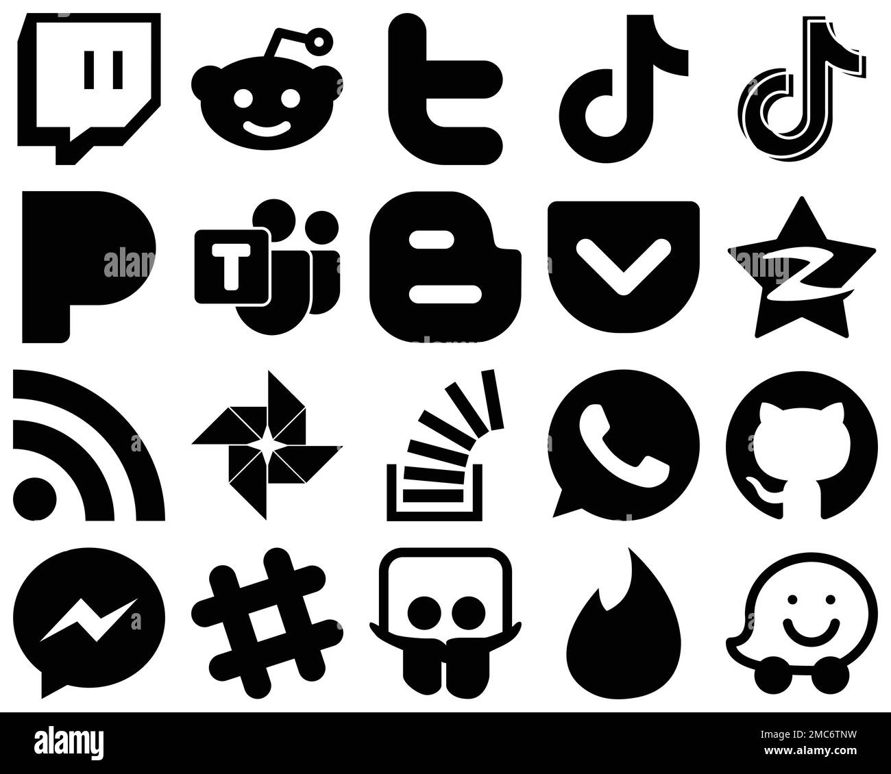 20 vielseitige schwarze einfarbige Glyphe-Symbole wie qzone. Taschen- und Blogger-Symbole. High Definition und professionell Stock Vektor