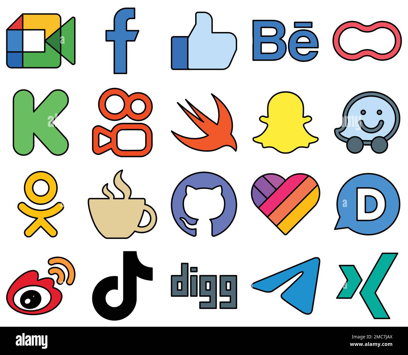 20 unverwechselbare Symbole für soziale Medien wie waze. Schnell. behance. Kuaishou und Kickstarter einzigartig und professionell Stock Vektor